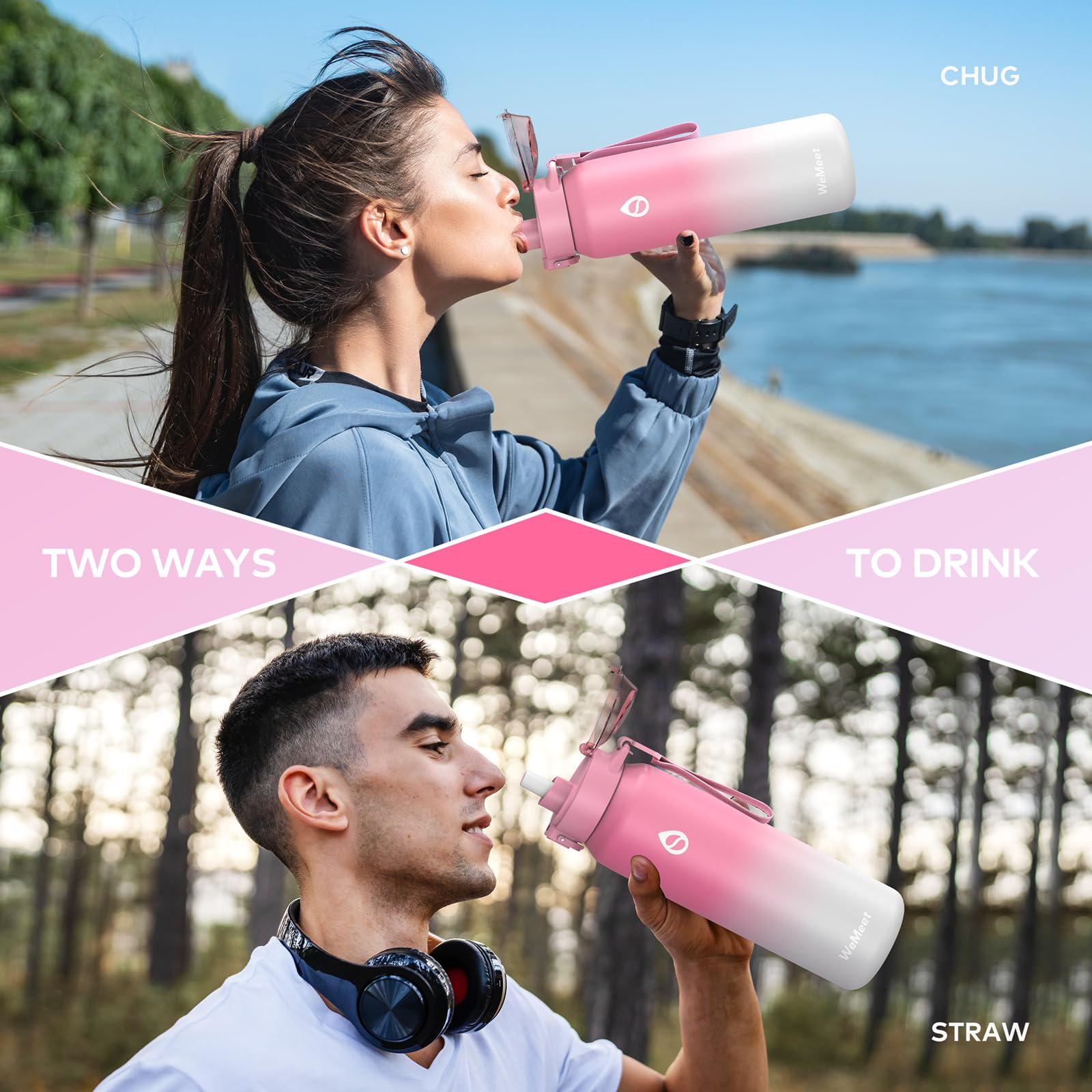 WEMEET Borraccia Termica 1 Litri con Rimovibile Cannuccia, | Metallo 18/10 Acciaio Inox Boraccia con Rimovibile Cinghia 1000ml, Senza BPA Borraccia per Sport, Escursioni, e Campin (Rosa Bianco)