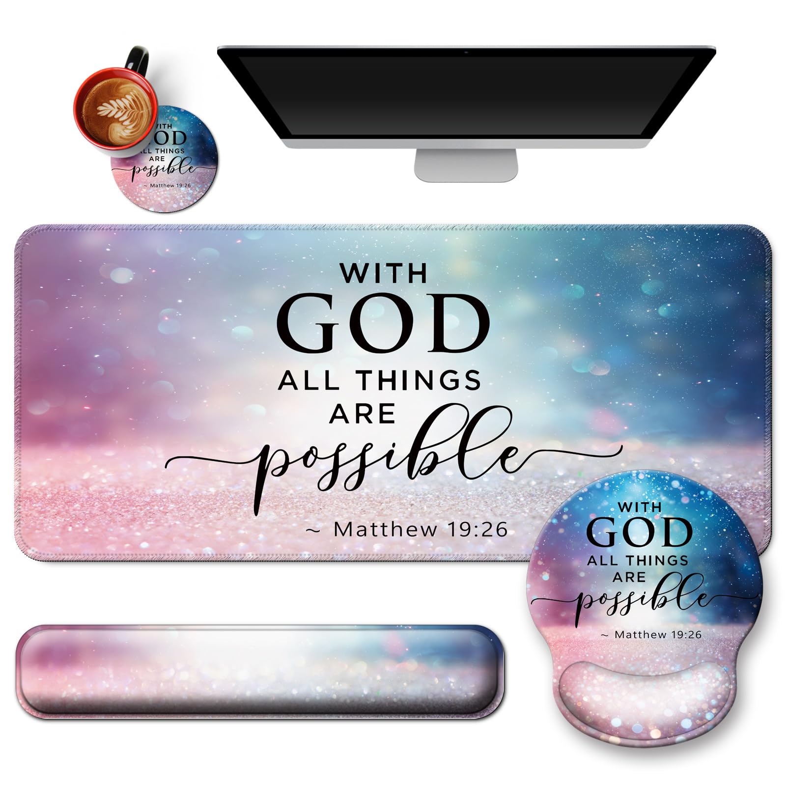 Mouse Pad Desk Mat Keyboard Wrist Rest Coaster 4 in 1 Set Cute Ergonomic Large Gaming Mousepad with