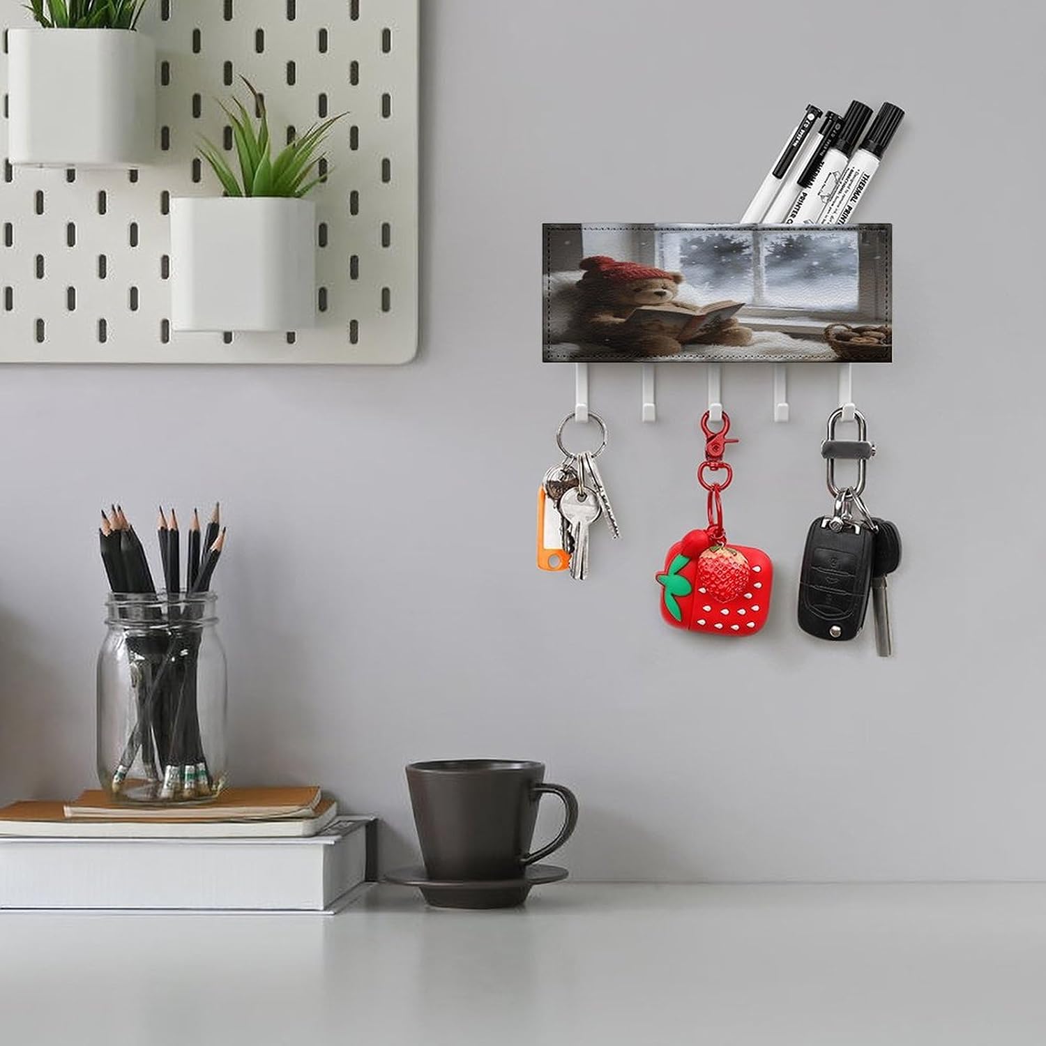 Key Holder Wall Mount Key Hanger with 5 Hooks, Decorative Key Rack | Hygge Christmas Hanging Key Hooks with Mail Organizer for Wall Living Room Kitchen Bathroom Hallway