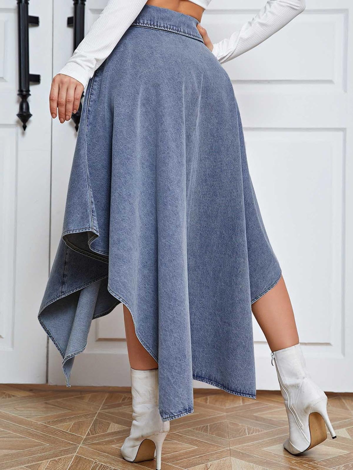 Gonna In Denim A Vita Alta Da Donna,Gonna Midi Casual,Orlo Asimmetrico
