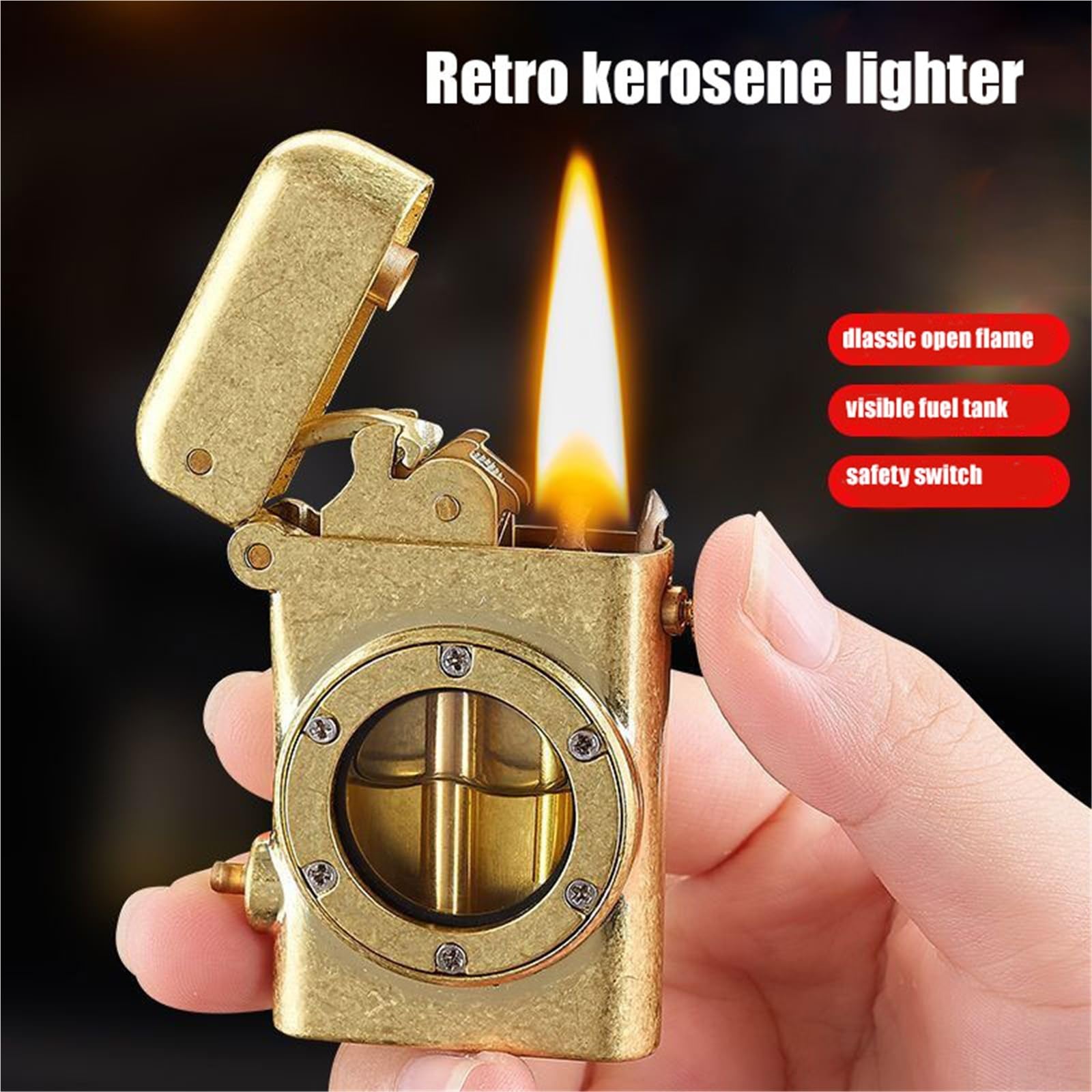 Encendedor portátil de queroseno de latón resistente al viento con bloqueo de seguridad, llama suave y tanque de aceite visible, perfecto para acampar y velas, diseño vintage hecho a mano, paquetes
