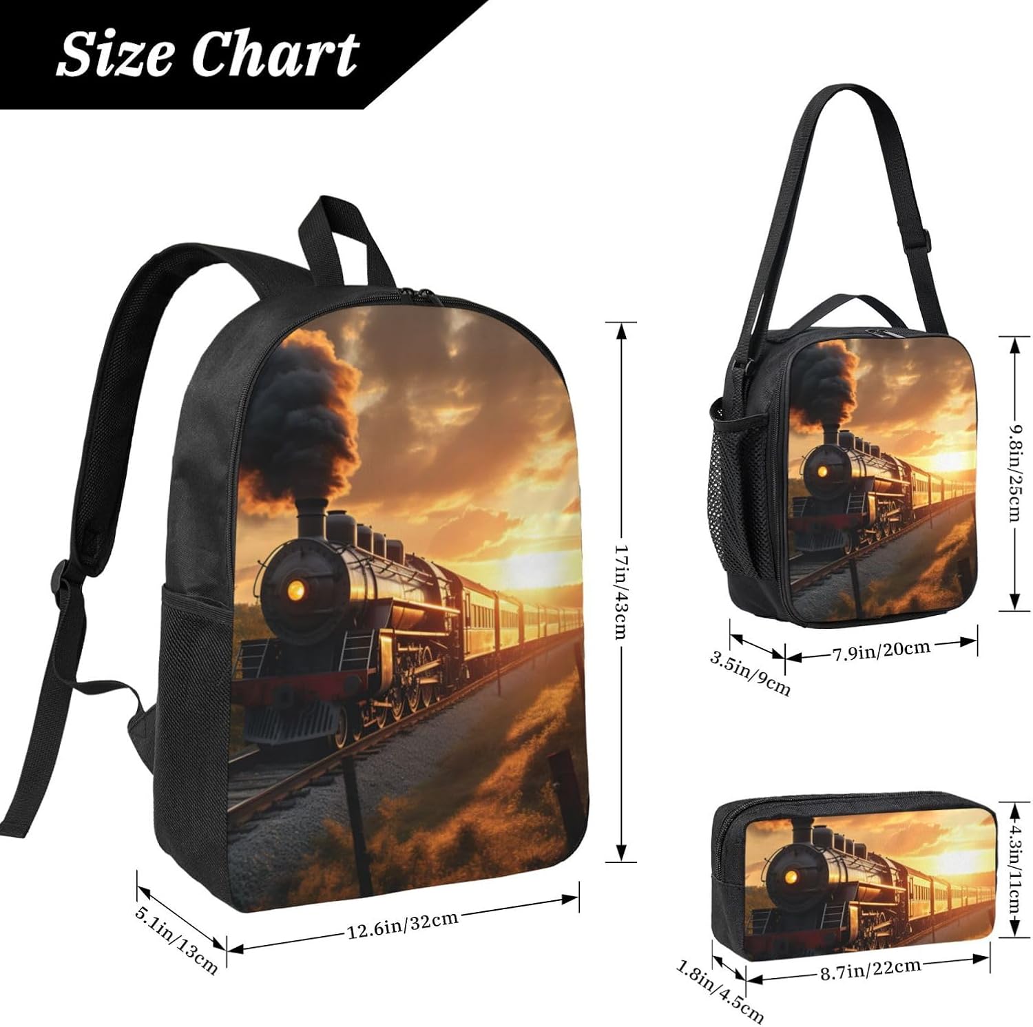 Steam Train print Backpack 3pcs Set Including 17 Inch Large BookBag With Lunch Bag And Practical Pen Bag