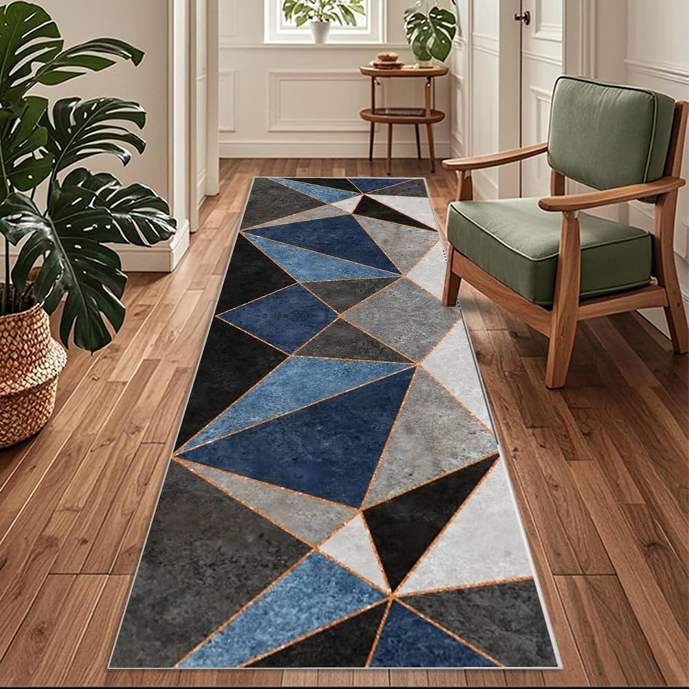 Tappeto Passatoia per Casa, Antiscivolo e Lavabile, per Cucina Corridoio Ingresso,Moderno Geometrico Blu, Nero，70 x 400 cm