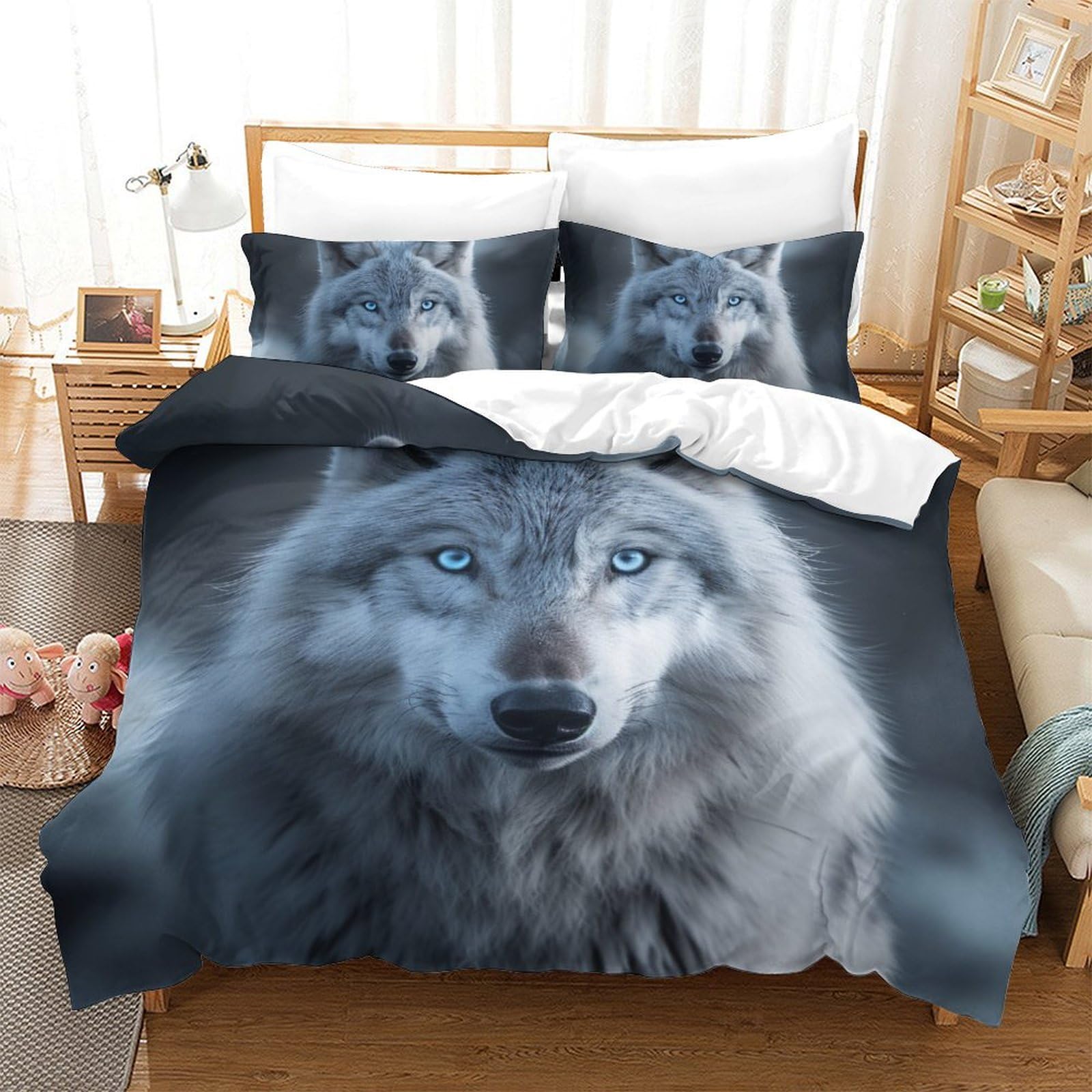Housse de couette loup 3D en microfibre 200x200 cm avec ses deux taies d'oreiller