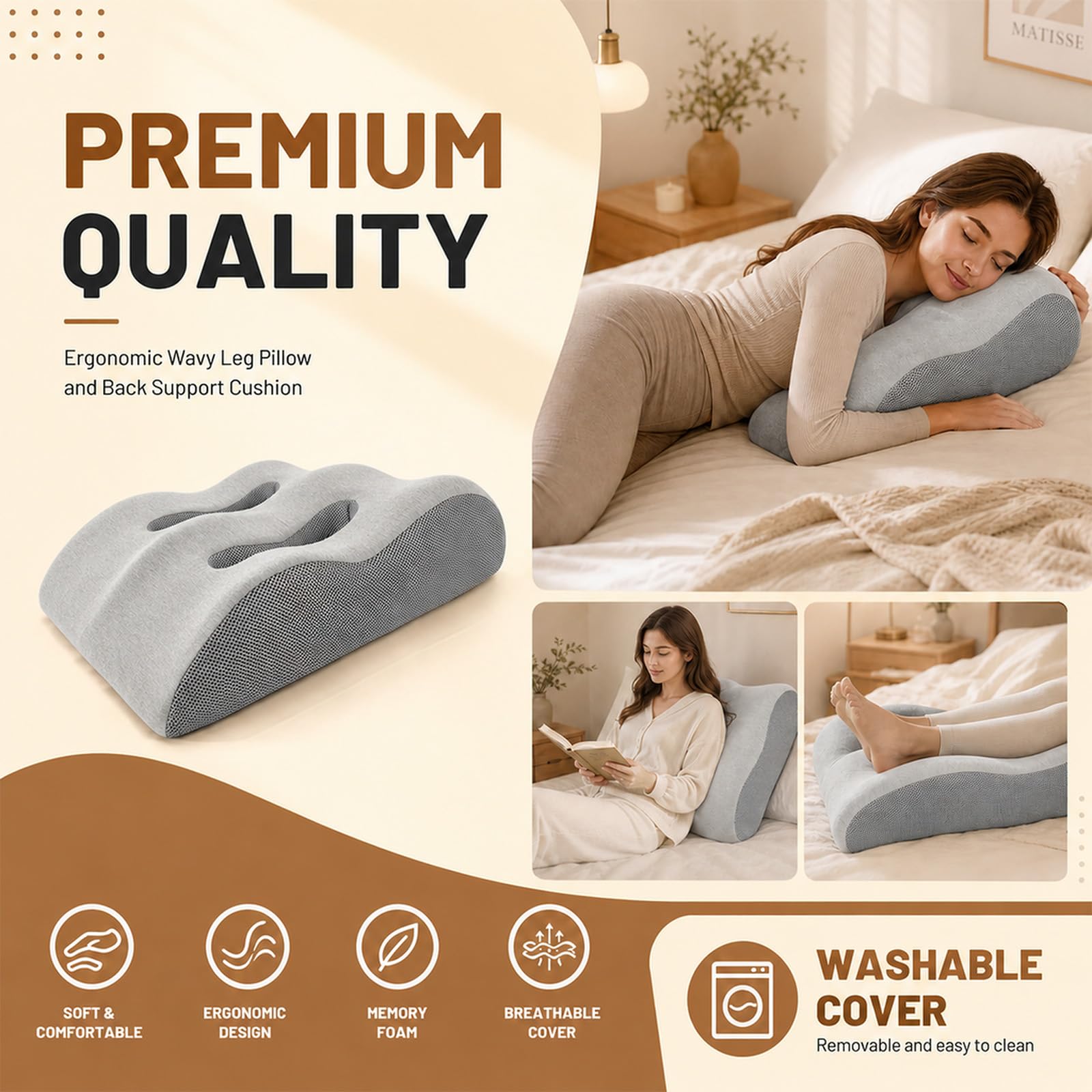 Almohada de apoyo para piernas para postoperatorio y postraumático, espuma viscoelástica, ergonómica, transpirable, para promover la circulación sanguínea (gris claro)