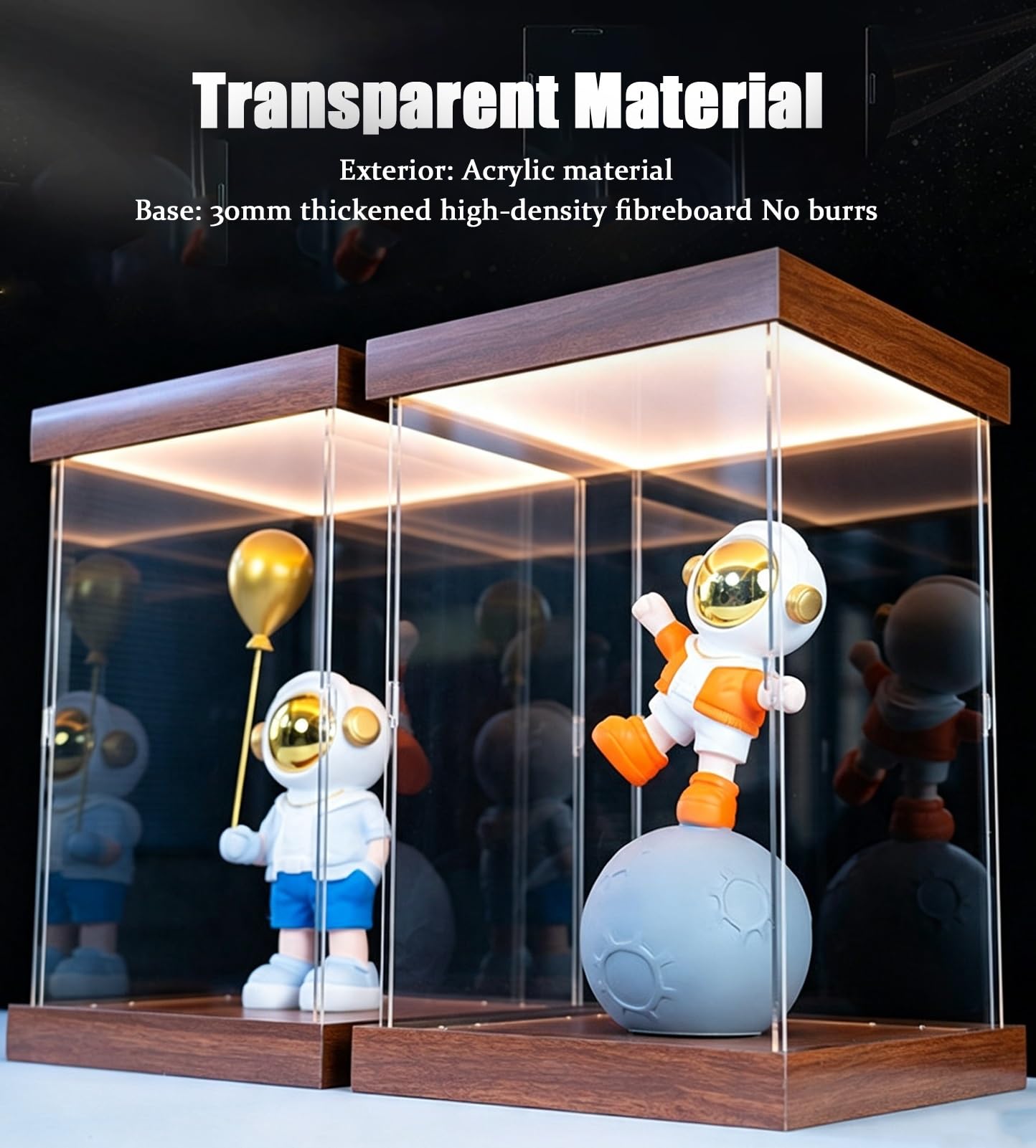 Vetrinetta Espositiva Vetrina in Acrilico per Action Figure da Collezione con Luce LED | Coperchio Antipolvere Rettangolare Trasparente di Alta Qualità, Scatola Portaoggetti In Acrilico con Base In Legno per Trofei