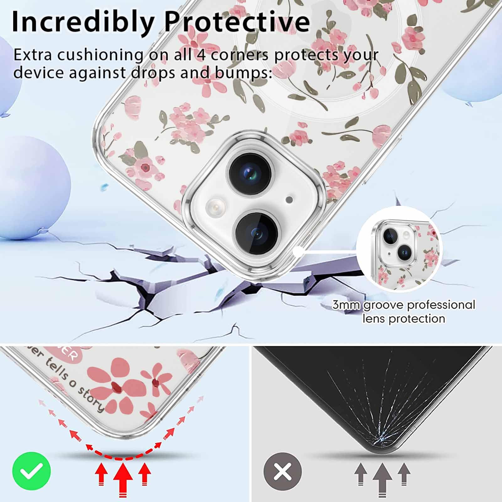 Saqmkil Magnetyczne etui z paskiem do iPhone'a 14/iPhone 13 6,1 cala [kompatybilne z MagSafe], przezroczyste etui z kołnierzem ze sznurkiem, estetyczny wzór z kreskówek ochraniacz na iPhone 13, kwiaty