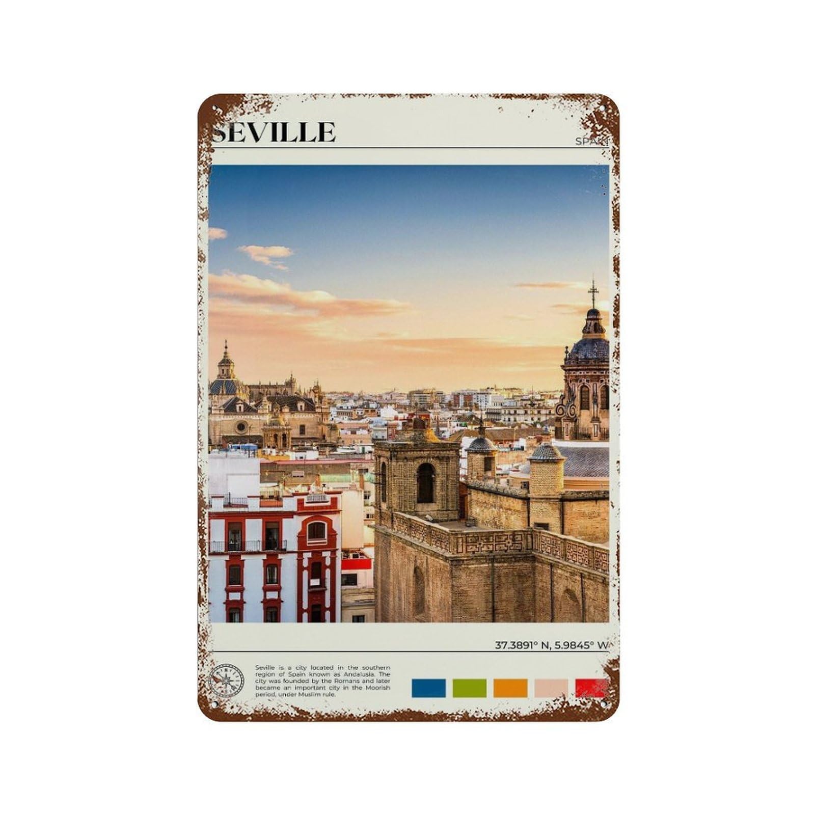 xiaoxiaoshen Real Photo Seville Decor Sevilla Spain Wall Decor Art Metal Tin Poster Modern Home Decor Art Home Bar Shop Decorations Vintage Sign 30x20cm