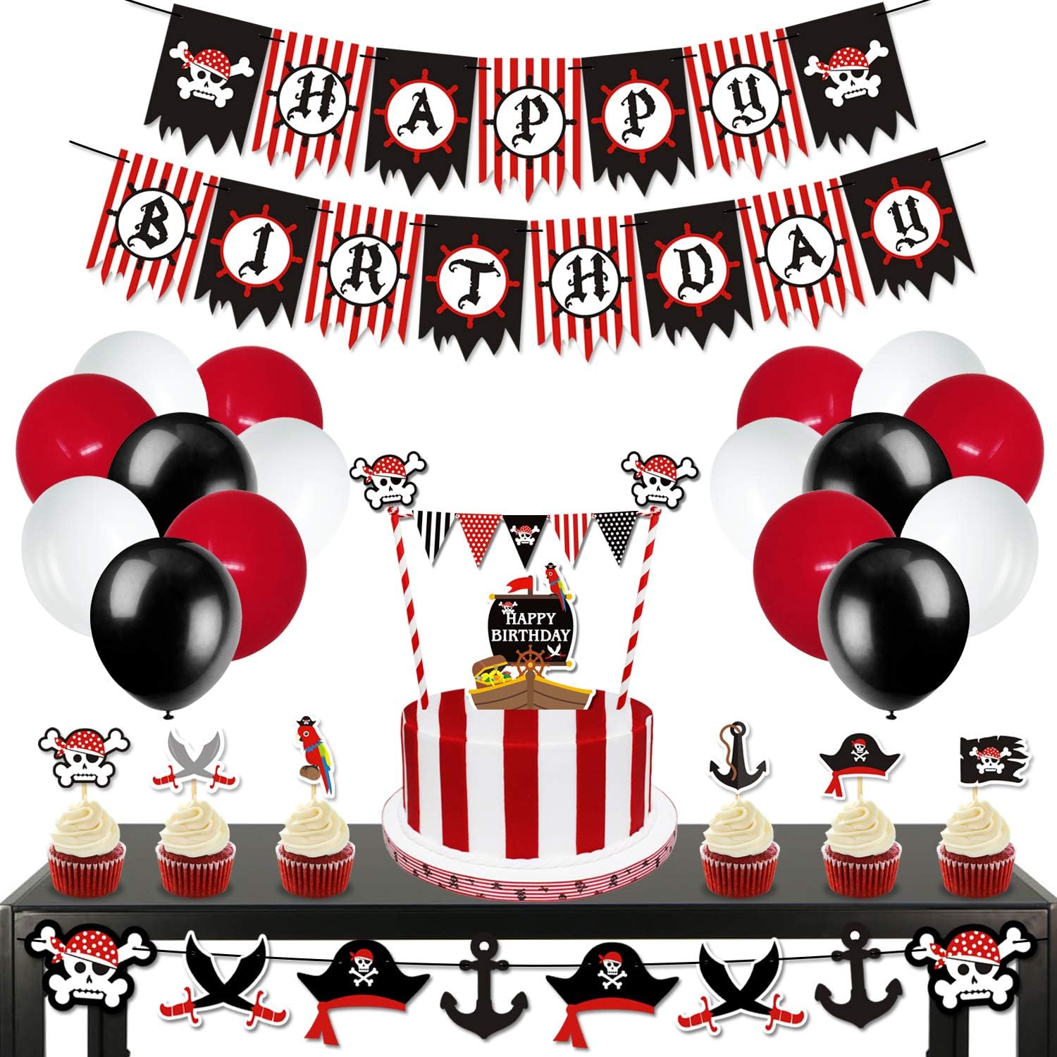 Levfla 70 Pack Birthday Party Decorations Kids Birthday Photo Prop Banner Garland Balloons Cake Cupcake Toppers Sea Sailing Nautical Themed Party Favor Supplies