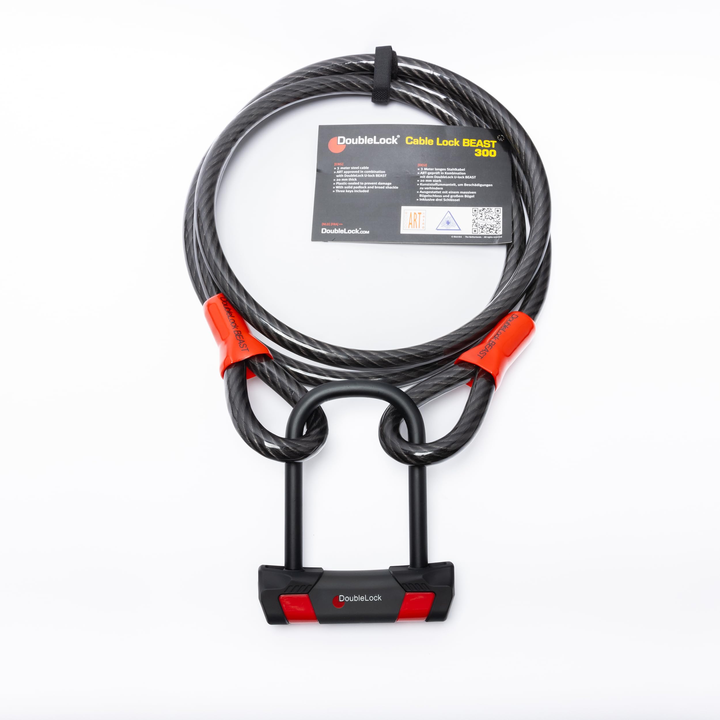 DoubleLock - Lucchetto a cavo - BEAST 300 ART - Lucchetto di sicurezza - Chiusura per uso pesante - Si blocca in cinque secondi - Nero - Cavo in acciaio approvato ART - 300 cm