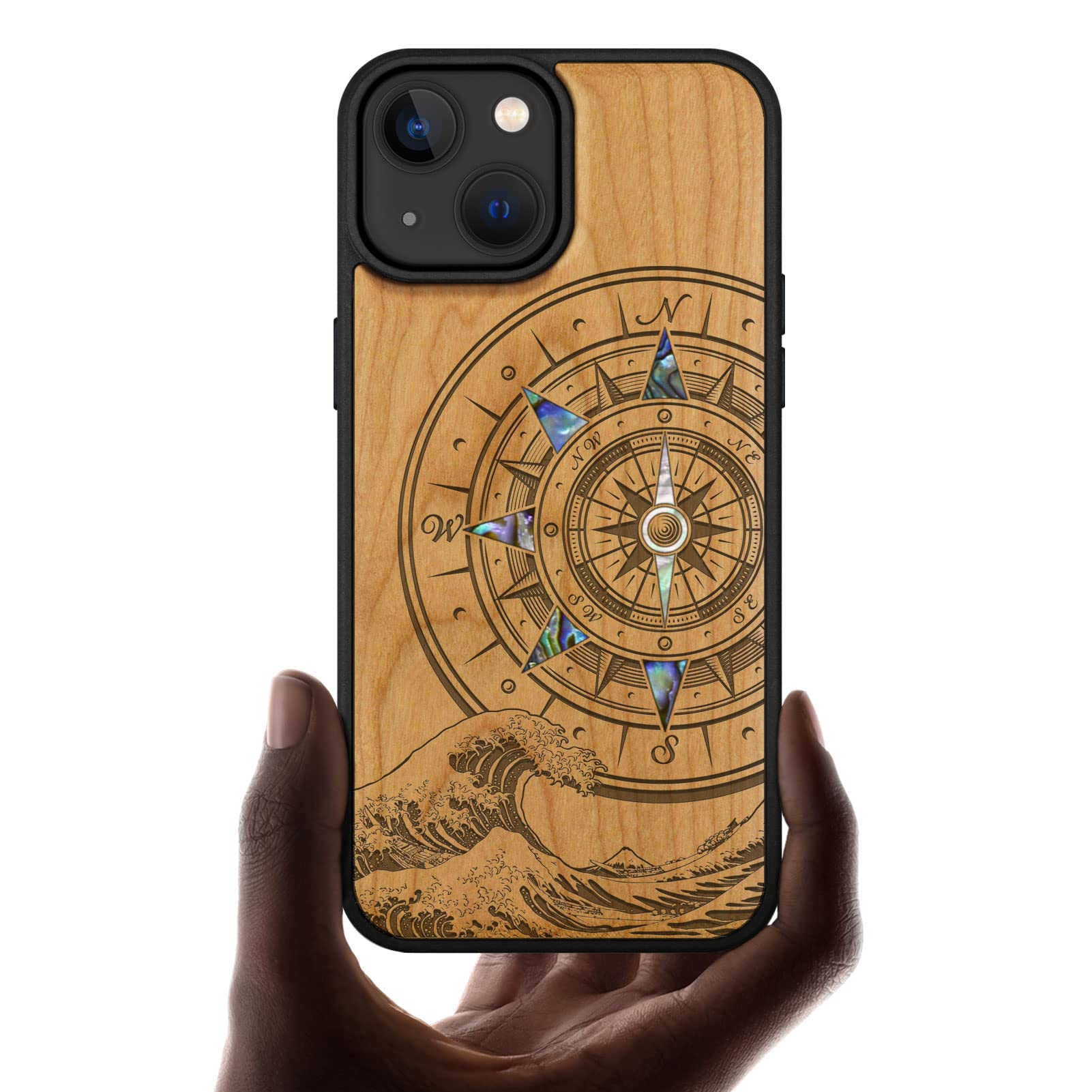 Carveit Designer Wooden Protective Magnetic Case for iPhone 14 Case [Wood Engraving & Shell Inlay] Compatible with iPhone 14 MagSafe (Sea Wave