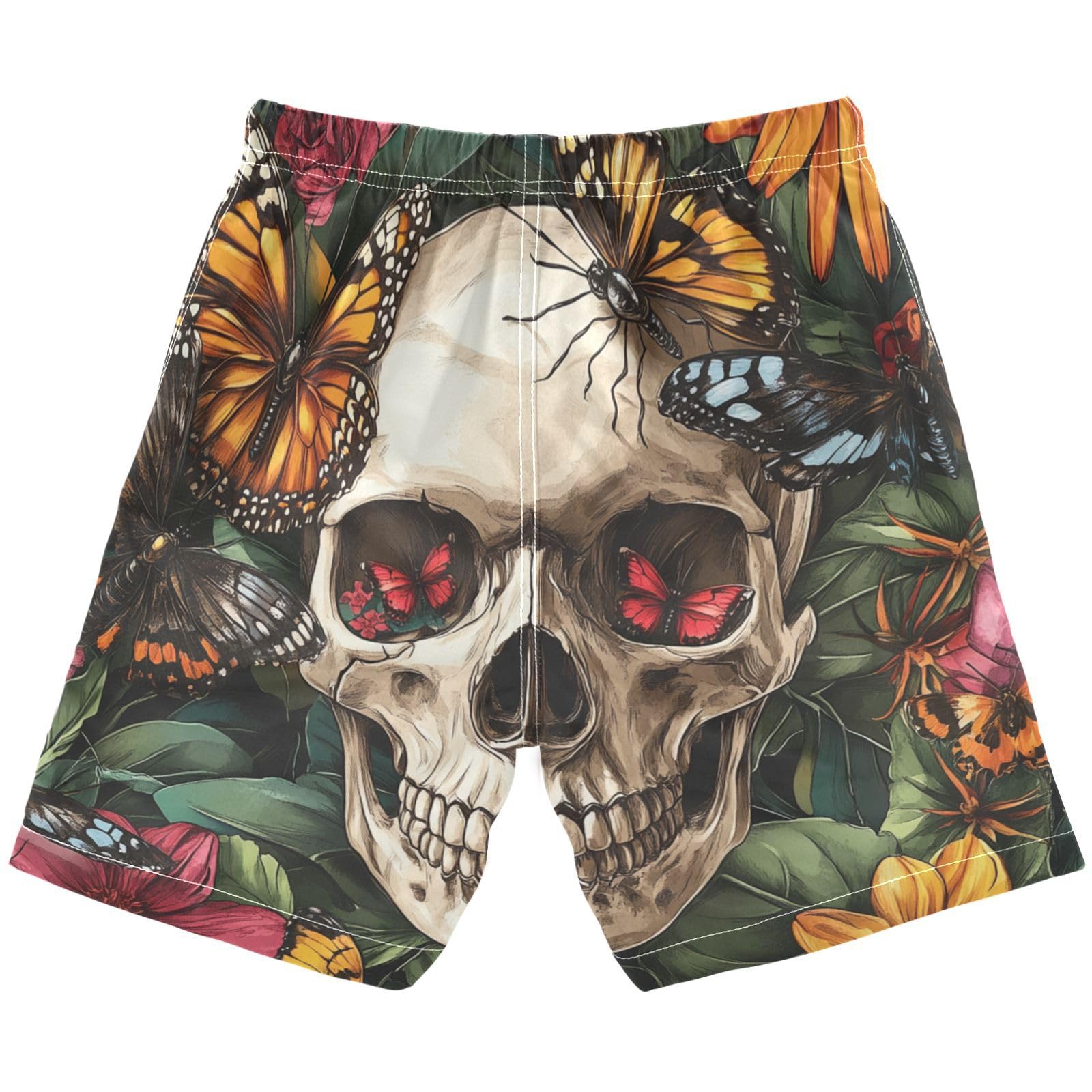 Jucciaco Boys Beach Board Shorts Skull Butterfly Flower Swim Trunk Teen Swimwear