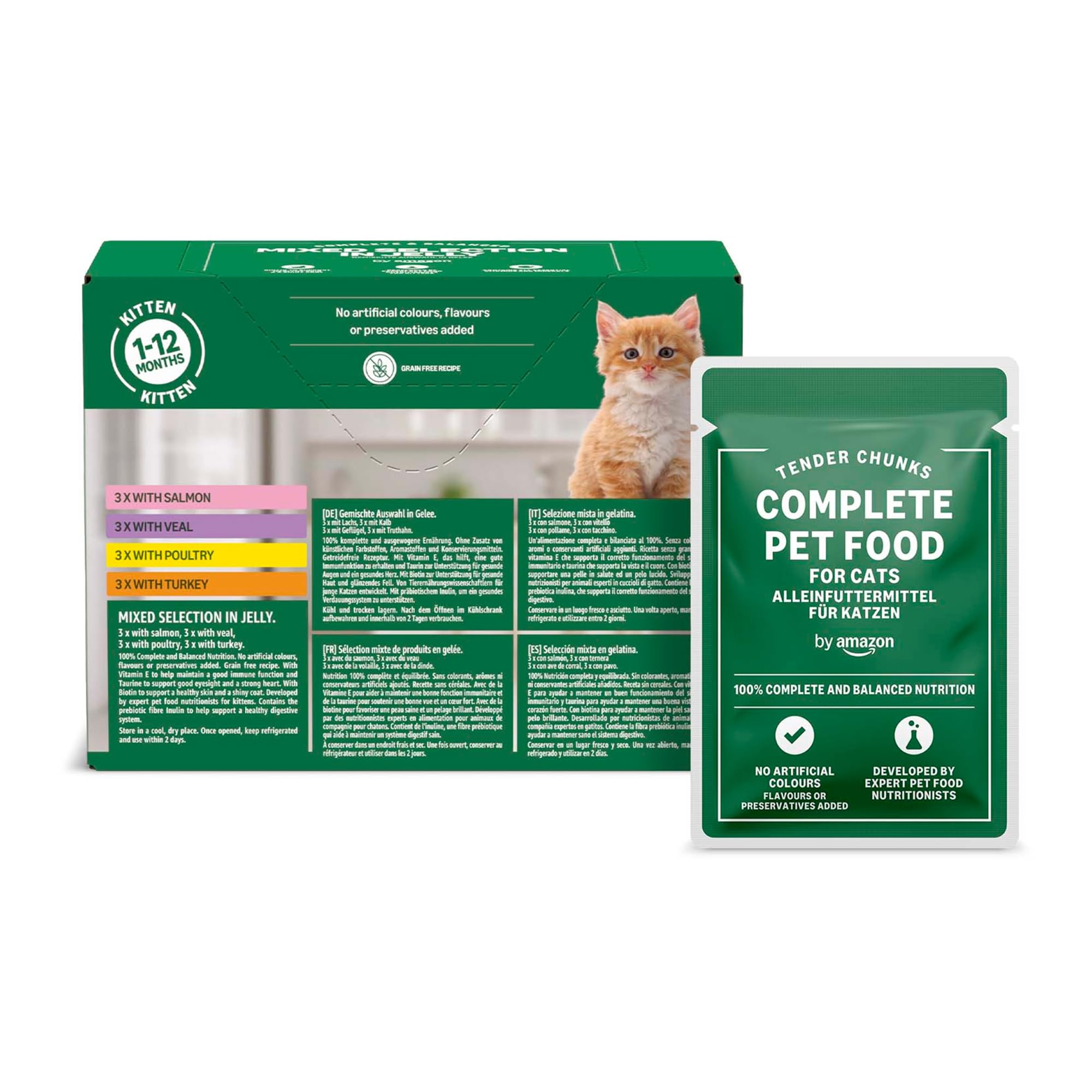 by Amazon Katzenfutter, nass, für junge Katzen, Gemischte Auswahl in Gelee, 1.2kg (12 beutel mit 100g)