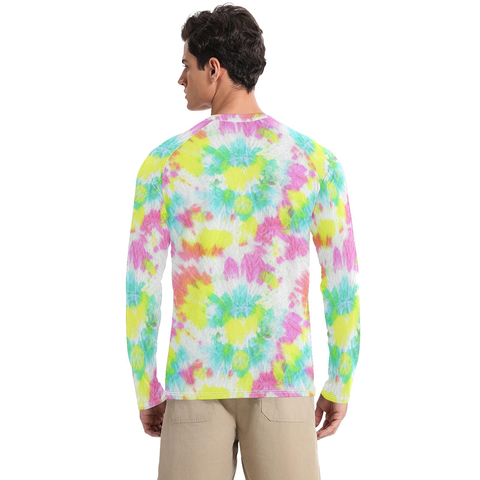 Pastel Tie Dye Pink Yellow Green Sun Shirts UPF 50+ UV Protection Long Sleeve Rash Guard for Men Quick Dry Swim Shirts, Small