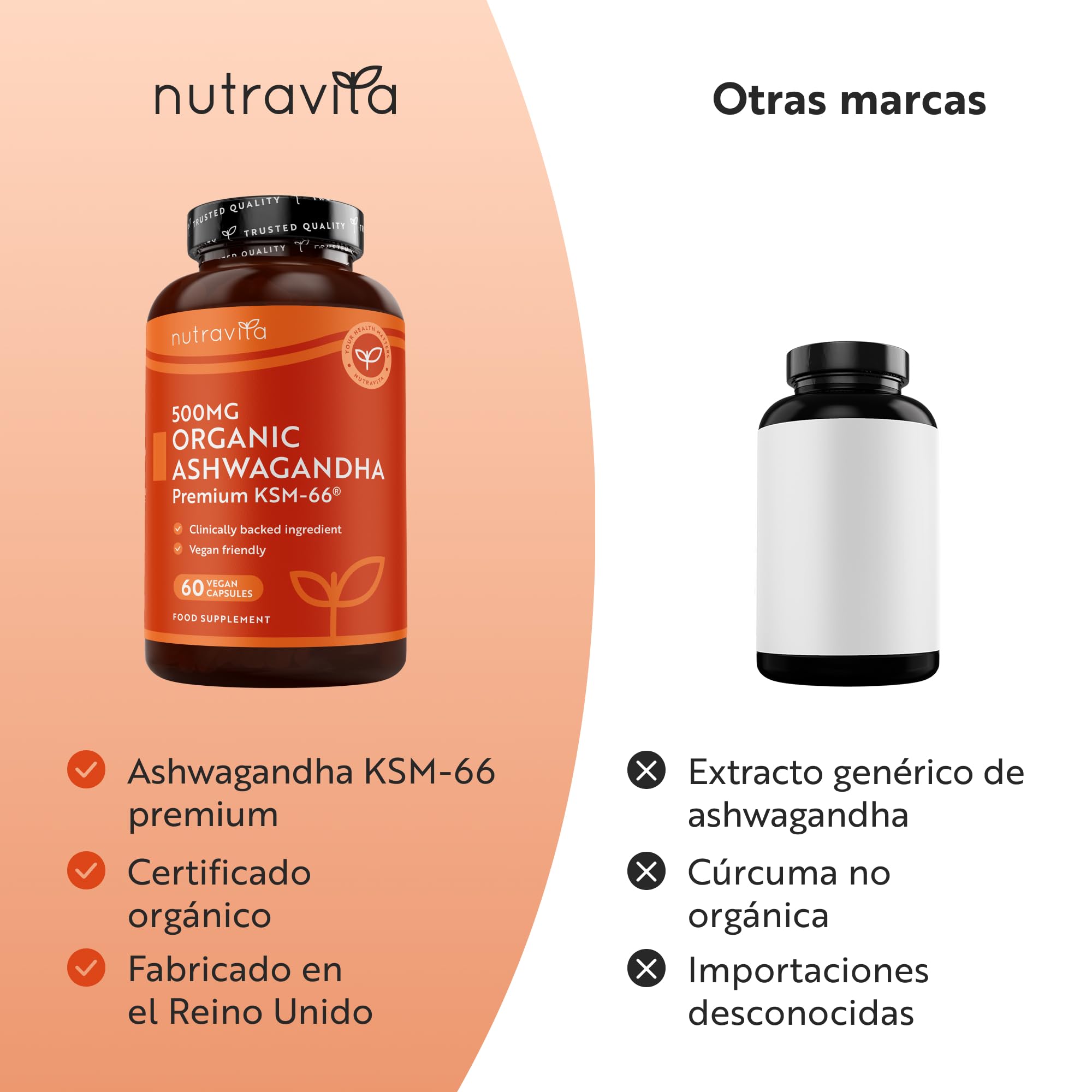 Nutravita Ashwagandha Orgánica 500mg - KSM-66® Sin Excipiente. 100% Natural Cápsula Vegana de Ashwagandha - Suplemento adaptógeno Ayurveda Ginseng Indio (Withania Somnifera) Antiflamatorio natural