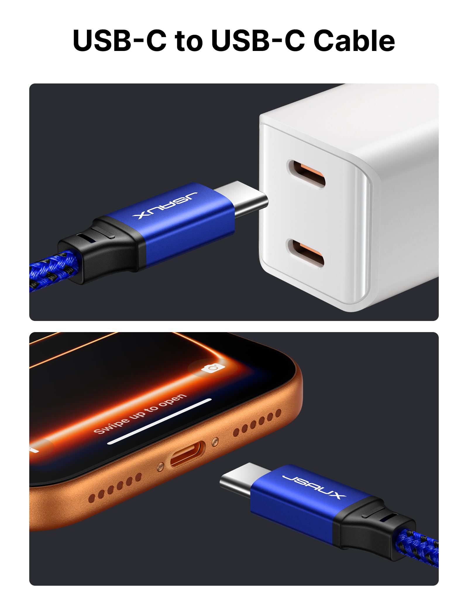 JSAUX 100W USB C to USB C Cable [2-Pack 10FT], Type C Fast Charging Cord for iPhone Air/iPhone 17/iPhone 17 Pro/iPhone 17 Pro Max, iPhone 16/15 Series, Galaxy S/Note Series, MacBook, iPad - Blue
