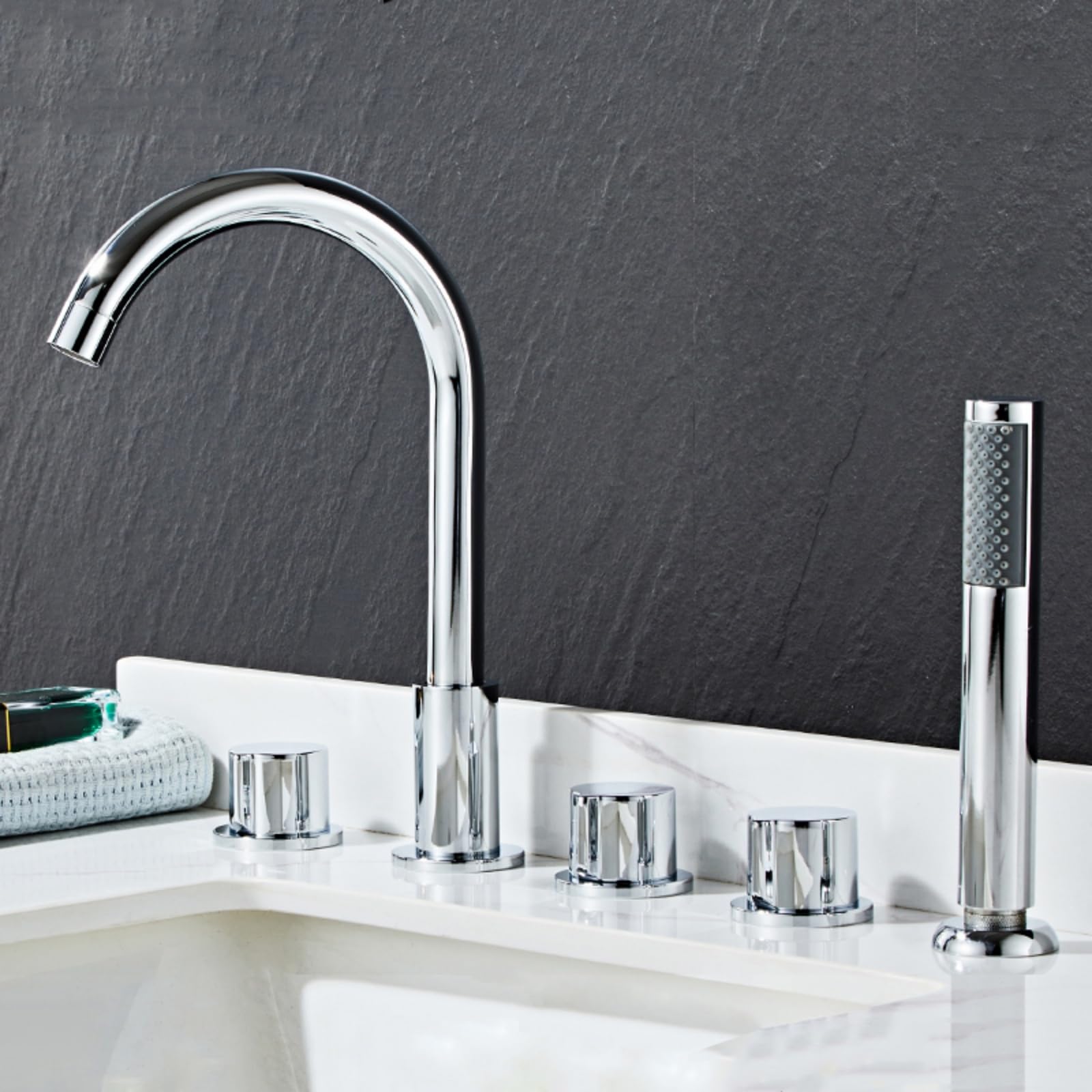 SnamicE 5 Hole Bath Tap Set Black Bath Tub Mixer Tap with Shower 360 Tap Swivel Head Bathroom Taps Mixer Double Lever-A,Chrome