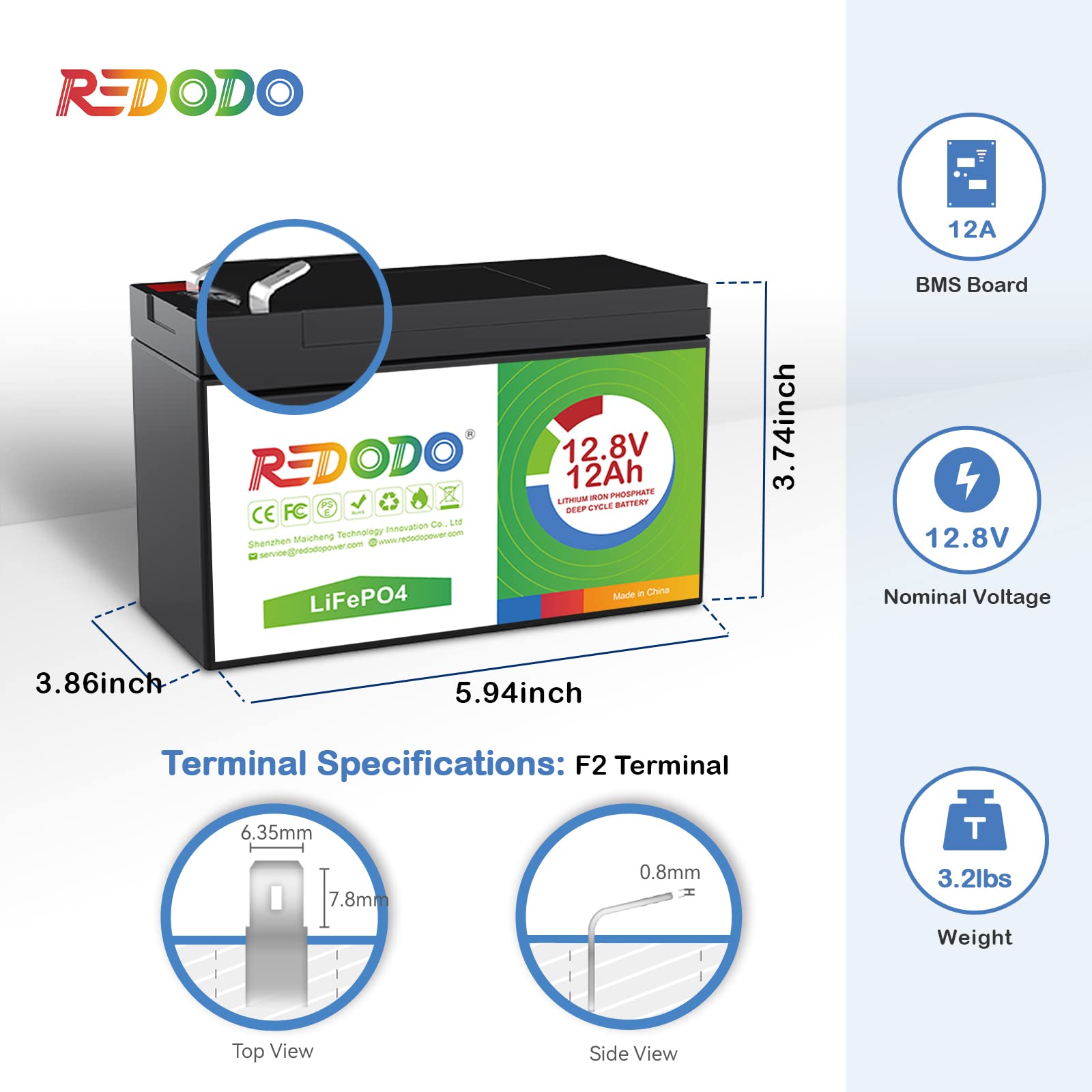 Redodo 12V 12Ah LiFePO4 Battery, 12V Lithium Battery with 4000+ Deep Cycles, Built in BMS, Prefect for Solar, Ride-on Toys, Home Alarm and Emergency Energy Application