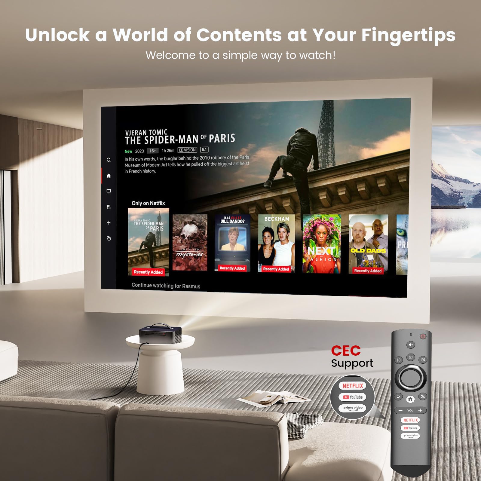 Beamer 4k Heimkino【800+Offizielle Apps&Dolby Audio】 1500 ANSI KI Fokus ONOAYO HDR10 Projektor WiFi 6 Bluetooth 5.4 Smart mini Beamer Geeignet für Filmabende, Partys und die Fußball-Weltmeisterschaft