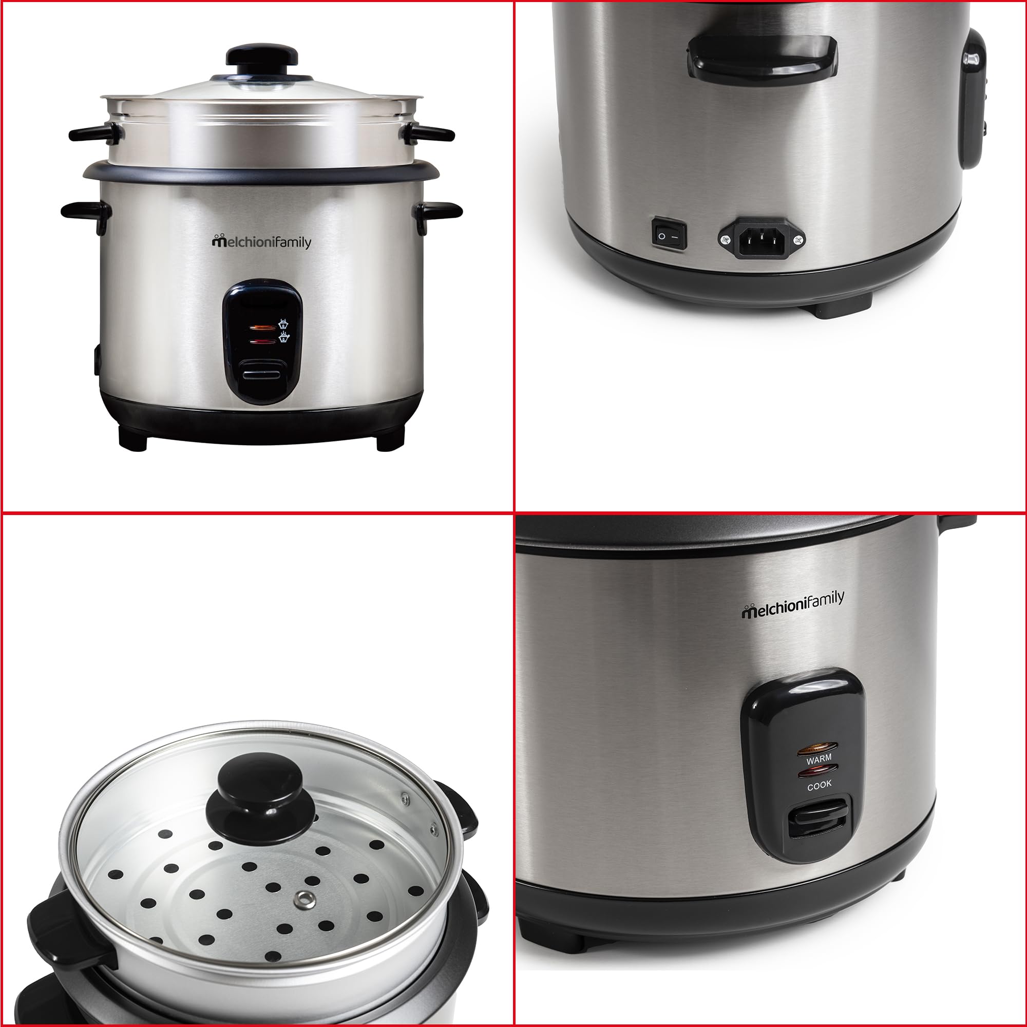 Melchioni Family | LOTO Cuiseur à Riz 1,8L avec Cuisson et Maintien au Chaud, Couvercle en Verre, Revêtement Antiadhésif, Arrêt Automatique, Vapeur, 800W, Accessoires Inclus, Gris