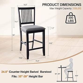 DUHOME Wood Bar Stools Set of 2, Counter Height Chairs Upholstered Barstool with Backrest Farmhouse Counter Stools for Kitchen Islands, Black