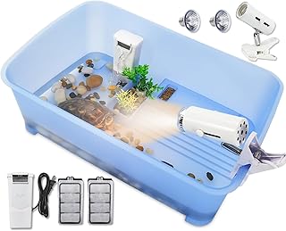 Turtle Tank Kit: Complete Habitat with Filter, Heat Lamp, Platform, UV Basking Light, Water Pump, Suitable for Turtles, Frogs, Hermit Crabs 21.1" x 13.6" x 8.3"