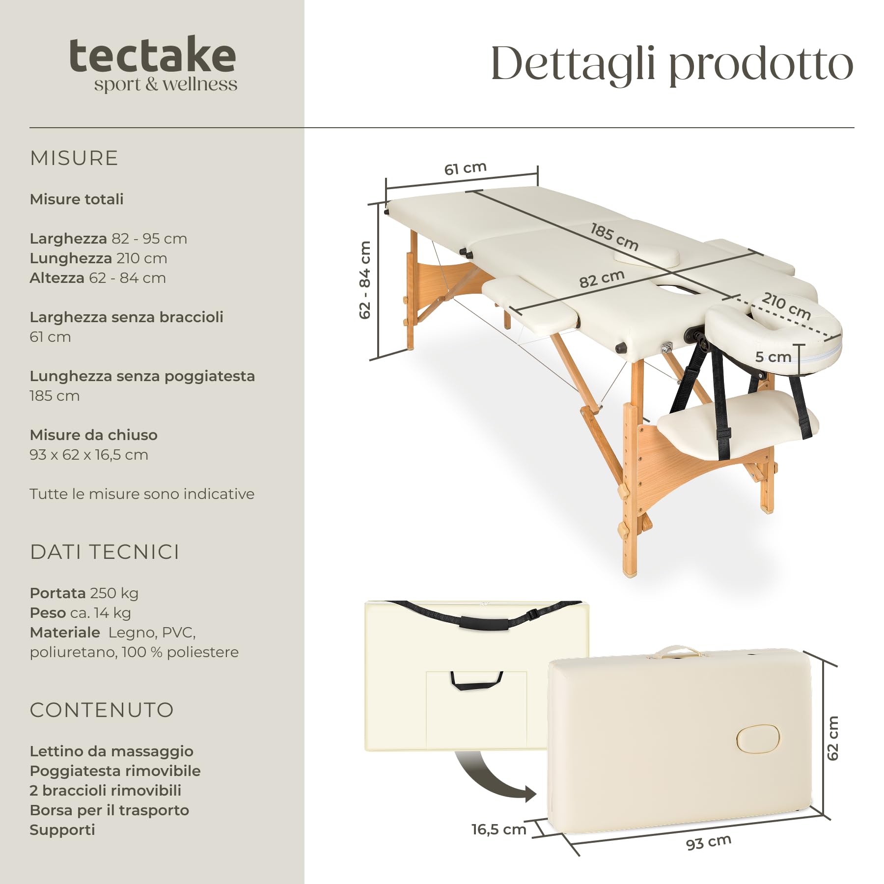 tectake® Lettino Massaggi Portatile 2 Zone, Pieghevole, Poggiatesta Rimovibile, Rivestimento Idrorepellente, Bracciolo Comodo, Pulizia Igienica Facile, Estetista, Max 210x95x84cm, Peso 14kg - Beige