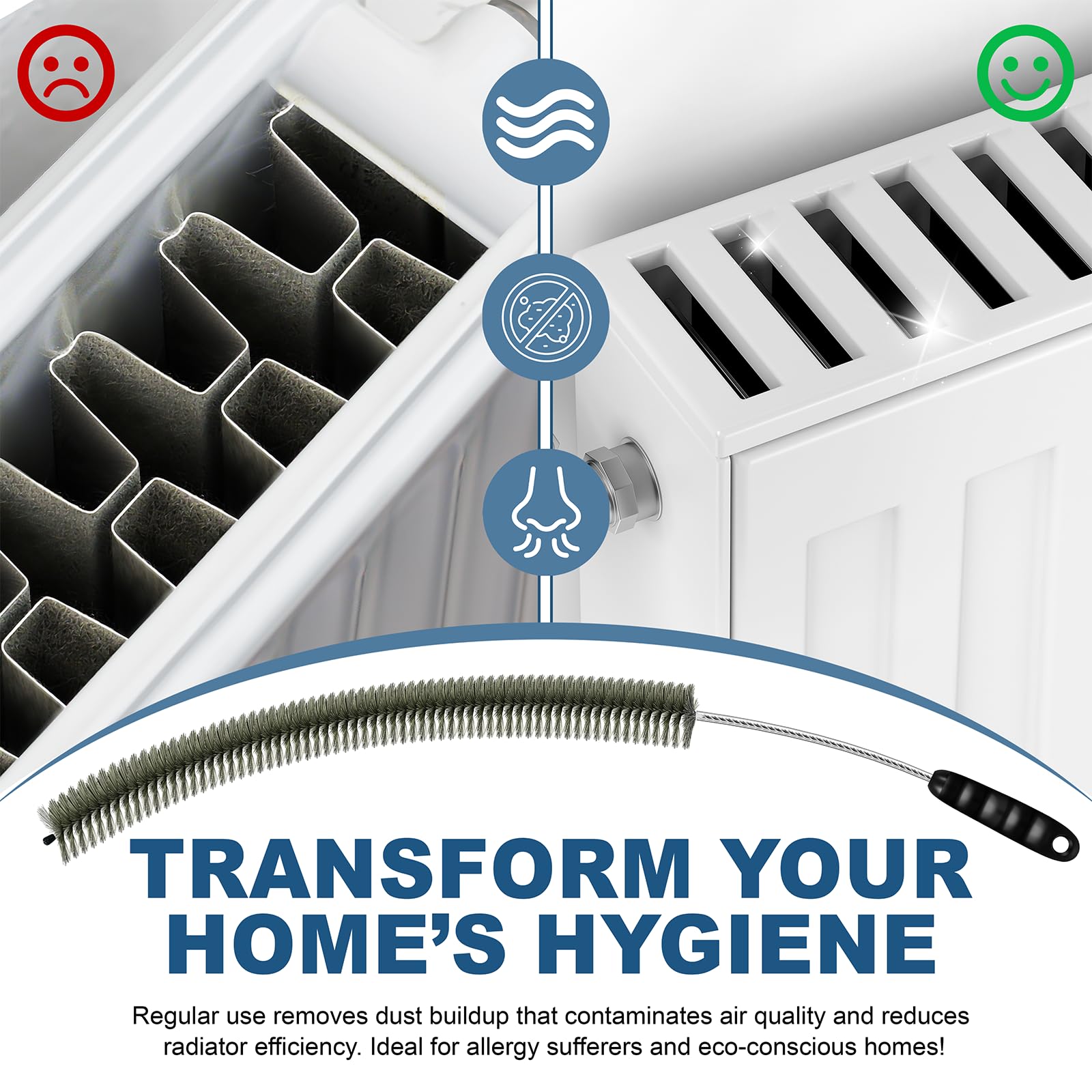 Brosse de nettoyage pour radiateur, poils de sanglier fins et longs de 81 cm avec poignée en silicone, flexible et pliable pour nettoyer le plumeau à l'intérieur des ailettes et à l'arrière