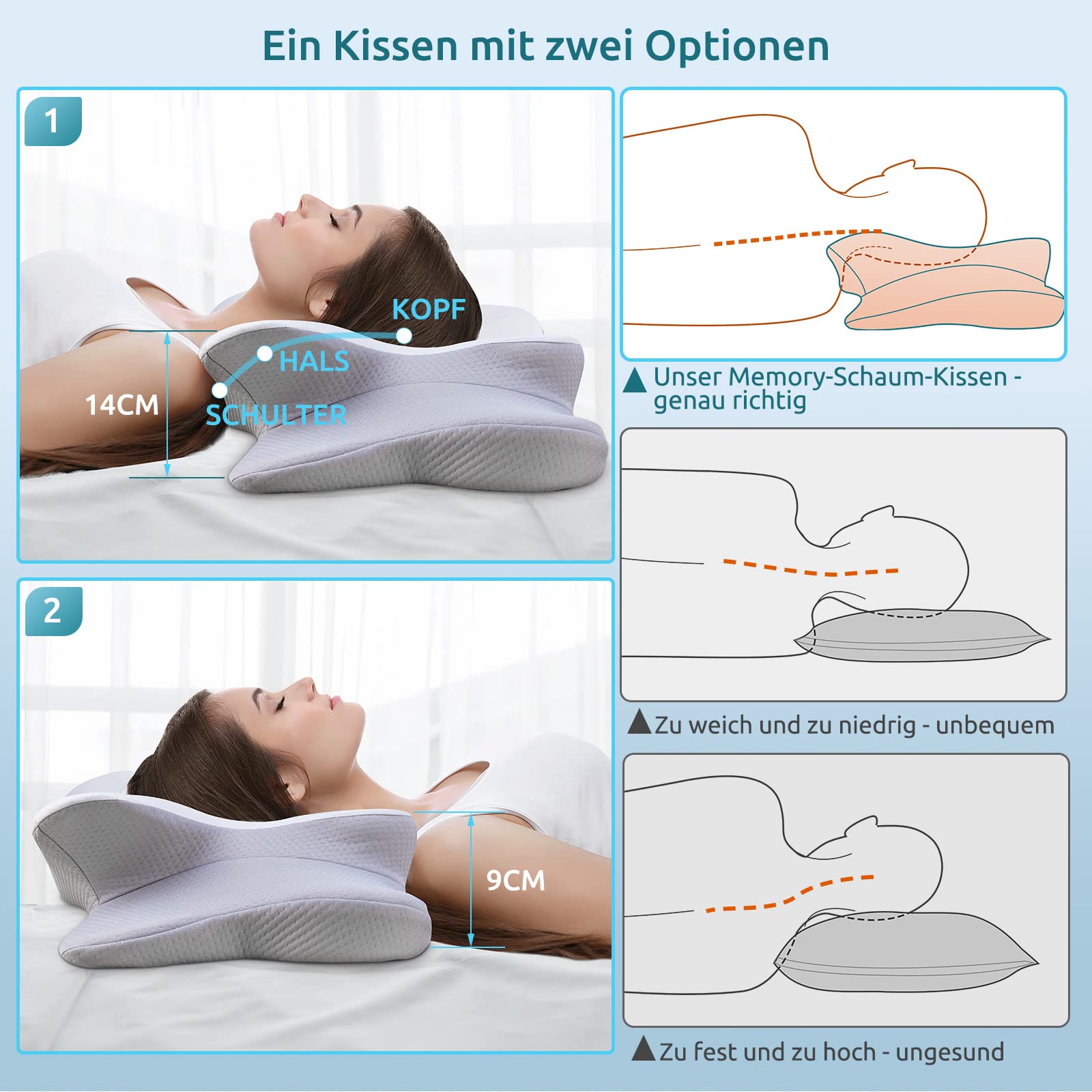 DONAMA Ergonomisches Nackenkissen aus Memory Foam, Zwei Höhenstufen und Armauflage, passend für Jede Schlafart