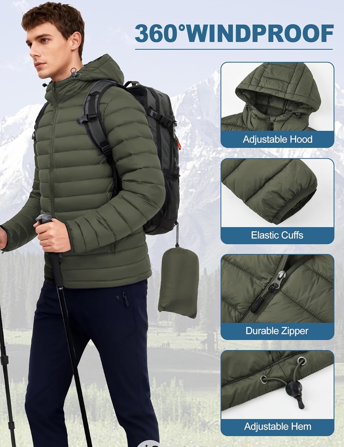 Men's Lightweight Packable Puffer Jacket Hooded High Collar Insulated Water-Resistant Winter Jackets Puffy Coat - Image 4