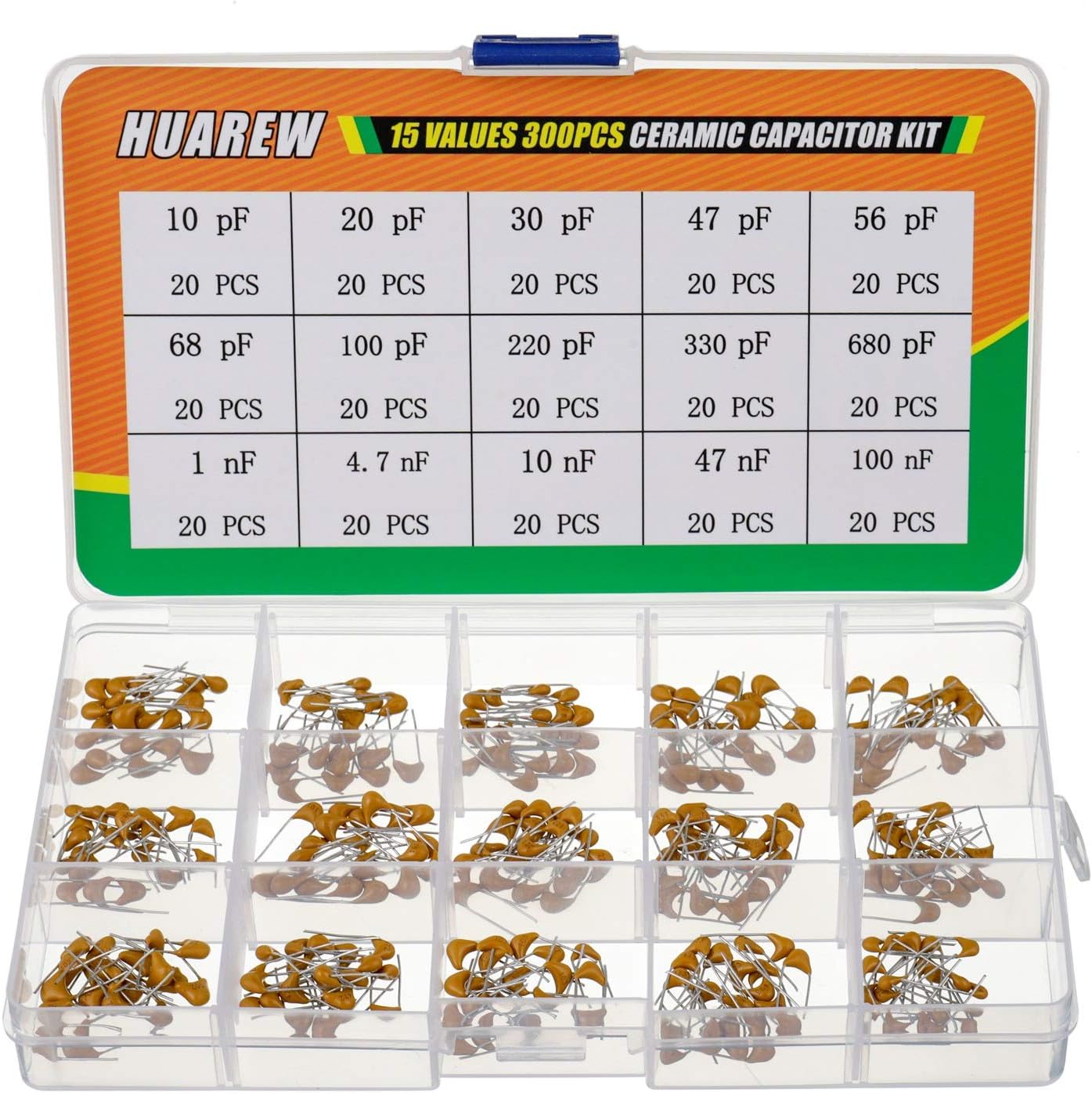 15 Values 300 Pcs Ceramic Capacitor 10~680 pF and 1~100 nF Assortment Kit