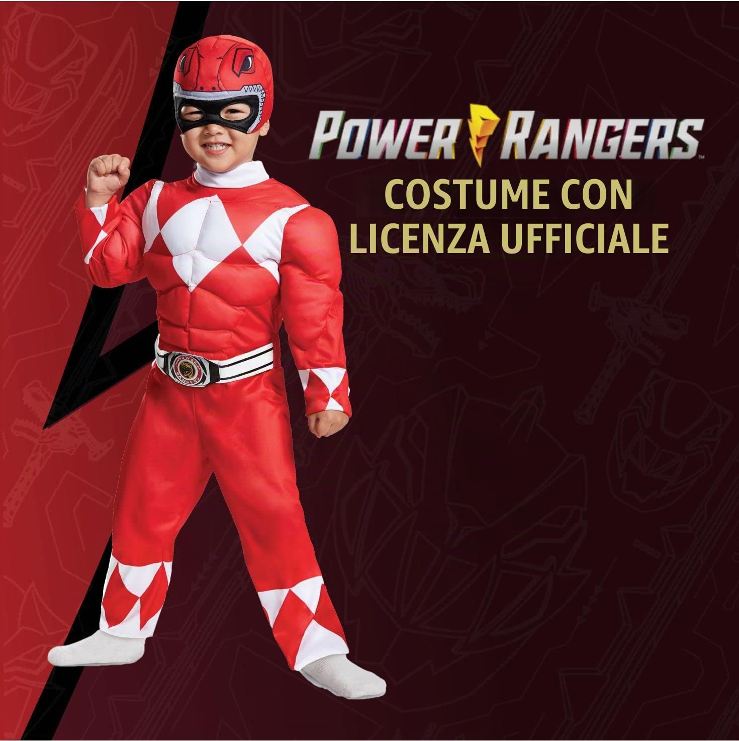 Disguise Costume Power Ranger Rosso Bambini, Vestito Muscoloso Carnevale Power Ranger, Costumi Di Carnevale Per Bambini Taglia XS (3-4 anni)