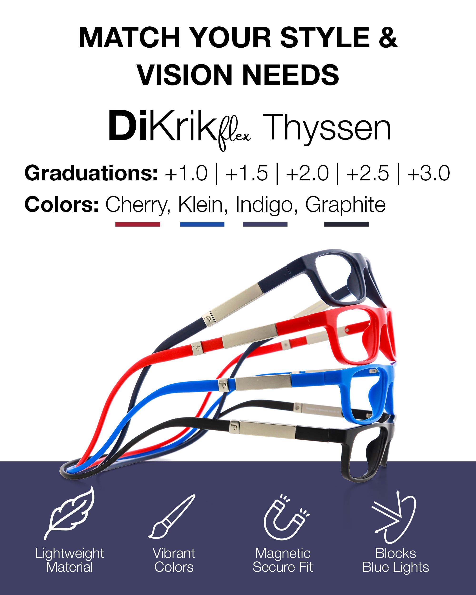 DIDINSKY Krik Occhiali da Lettura Magnetici, Anti Luce Blu | Chiusura magnetica frontale · Per leggere da vicino · Anti luce blu · Ingrandimento +1.0 a +3.0 · Custodia inclusa