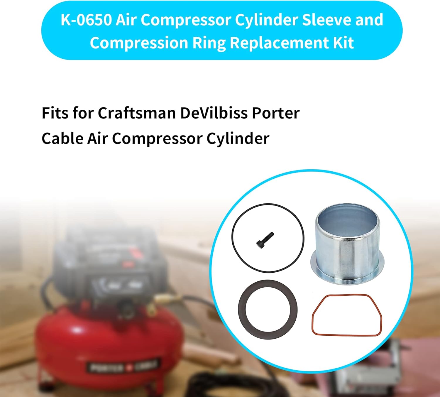 K-0650 Air Compressor Cylinder Sleeve and Compression Ring Replacement Kit Fits for Craftsmann DeVilbisss Porterr Cable Air Compressor Cylinder, Replace for K-0058 KK-4835 KK-5081