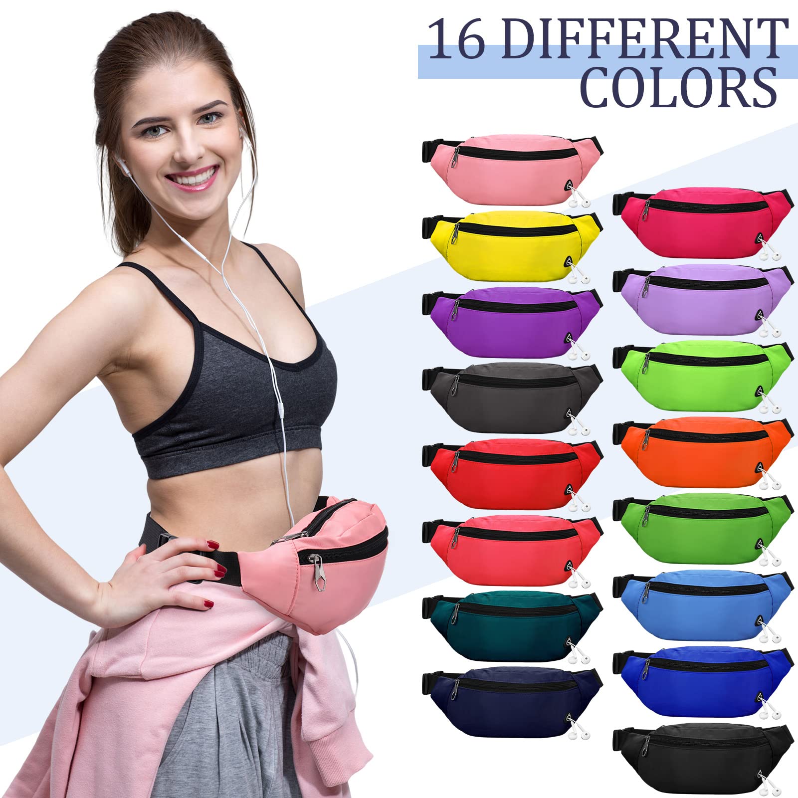 Kajaia Lot de 16 sacs banane fluo colorés réglables pour homme et femme, sac à bandoulière réglable pour voyage, course à pied, randonnée, cyclisme, entraînement, festival