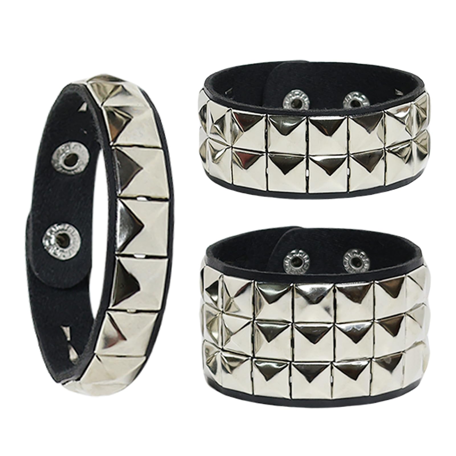 3pcs Black Leather Punk Studded Bracelet for Men Women 80s Goth Spike Cuff Bangle Gothic Wristbands Silver Rock Bracelets for Halloween Party Stage Performance Cosplay Accessories