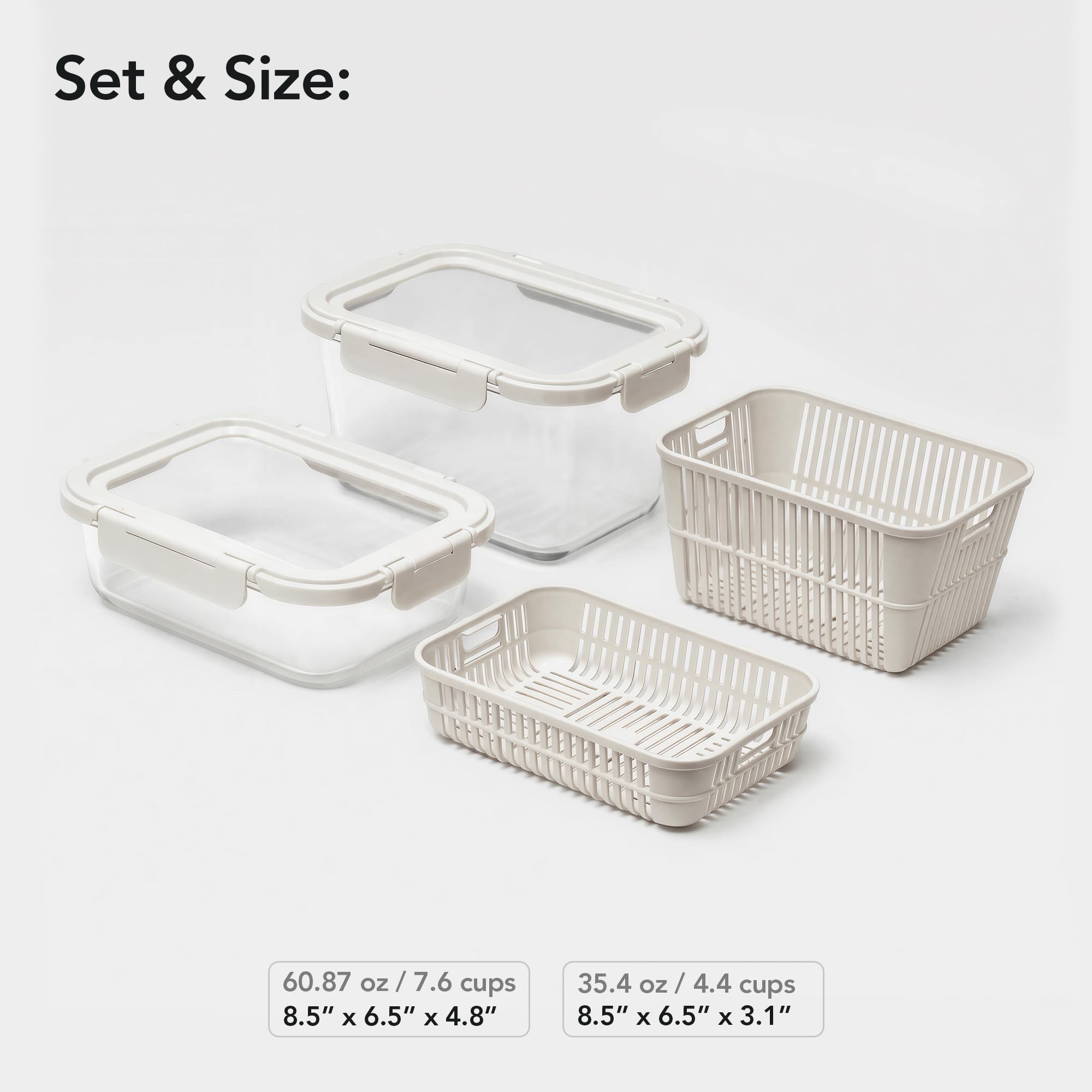 GENICOOK Contenitori in vetro per frigorifero, confezione da 2, contenitori ermetici per frutta e verdura, con scolapasta rimovibile, coperchi flessibili in silicone, a prova di perdite, in vetro