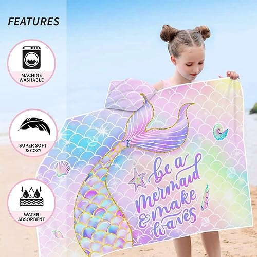 Miniatura 4 de AWEHIRU - Toalla de playa de sirena, toalla de sirena para niñas con capucha, toalla con capucha de cola de sirena para niños, 30 x 50 pulgadas,