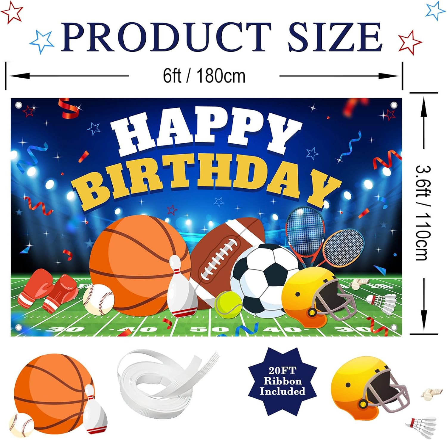 Mocsicka Sports Birthday Party Decorations Banner Sports Theme Birthday Backdrop Soccer Basketball Baseball Football Birthday Photography Backdrop (6x3.6ft) - Image 5