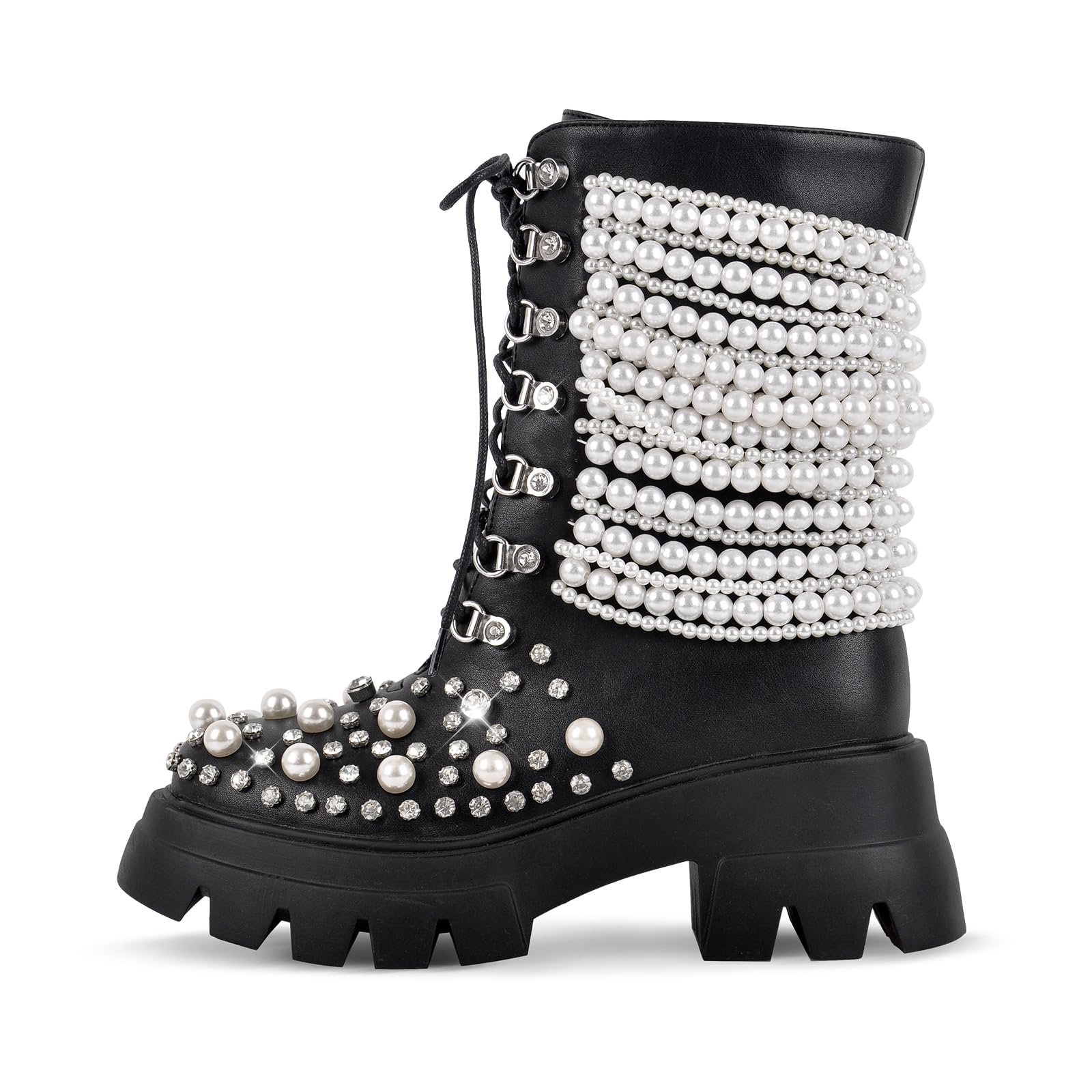 KISTANIA Platform Ankle Boots for Women Chunky Heel Lace-Up Combat Boots with Rhinestones Pearls Chains
