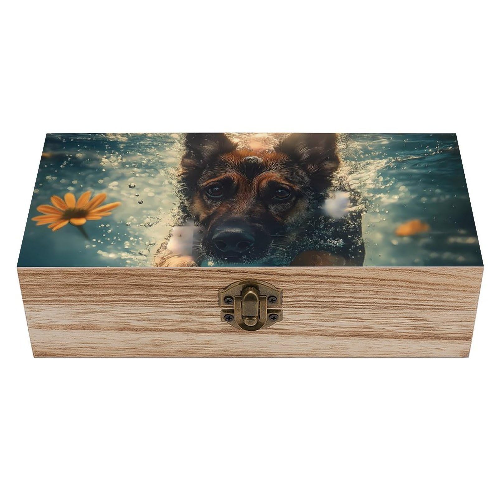 HLBSDM Cute German Shepherd Daisy Underwater Retro Wooden Storage Box Jewelry Art Gift Boxs Decorative Keepsake Boxes