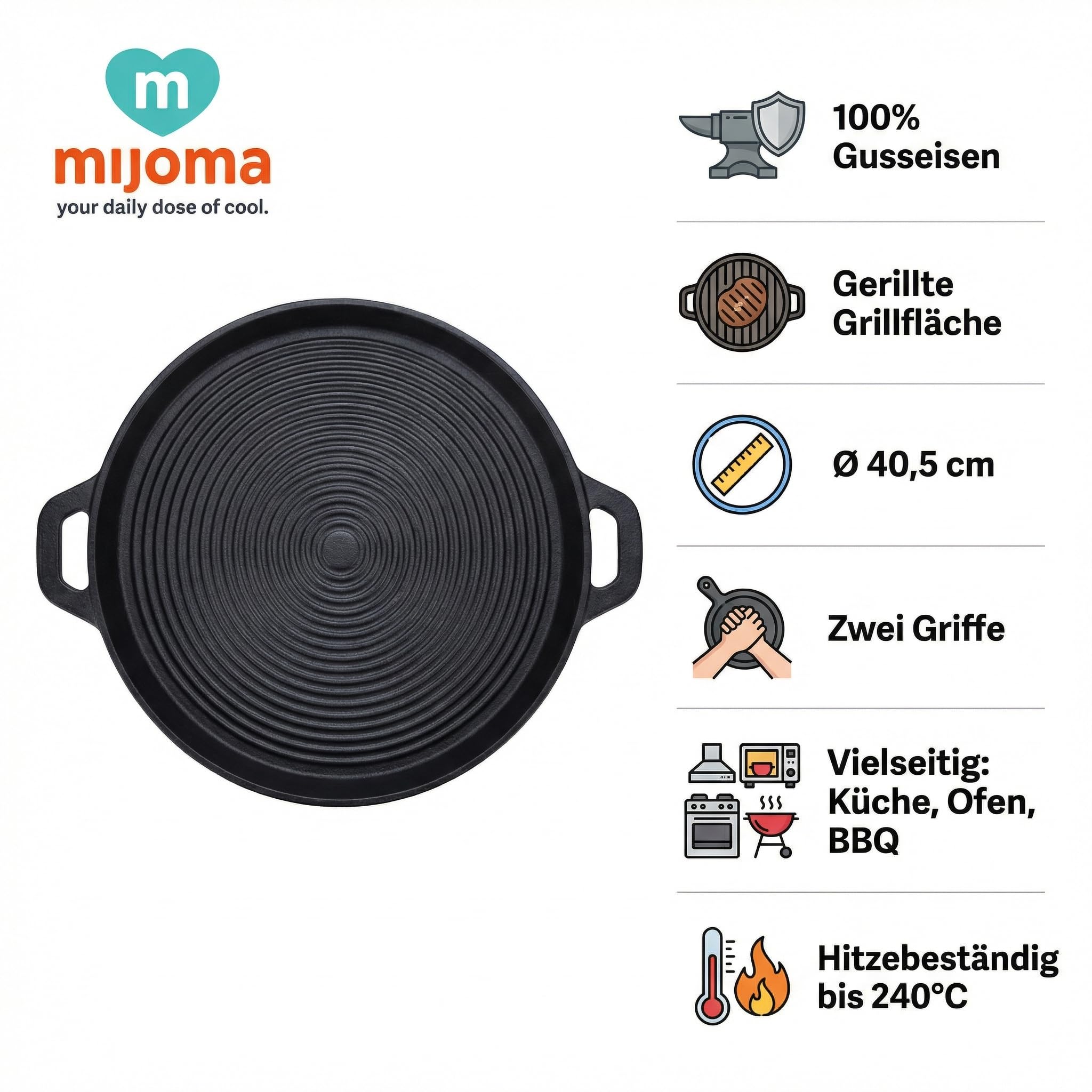 MIJOMA Sartén parrilla de 40,5 cm – para carne, verduras y barbacoas – Hierro fundido con estructura acanalada – Sartén redonda con asas para cocina horno y barbacoa