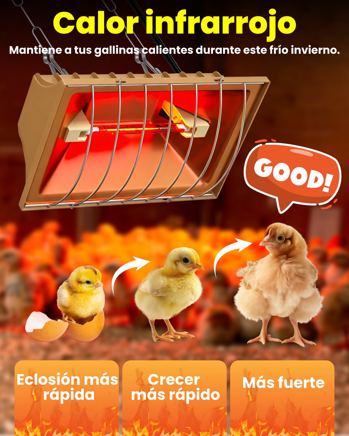 Lampara de Calor para Pollitos Con Interruptor Alto/Bajo (175W/275W), Incluye 2 Bombillas R7s, Cadena Ajustable para Colgar y Cable de 3m para Pollitos,Patitos,Cachorros y Ganado