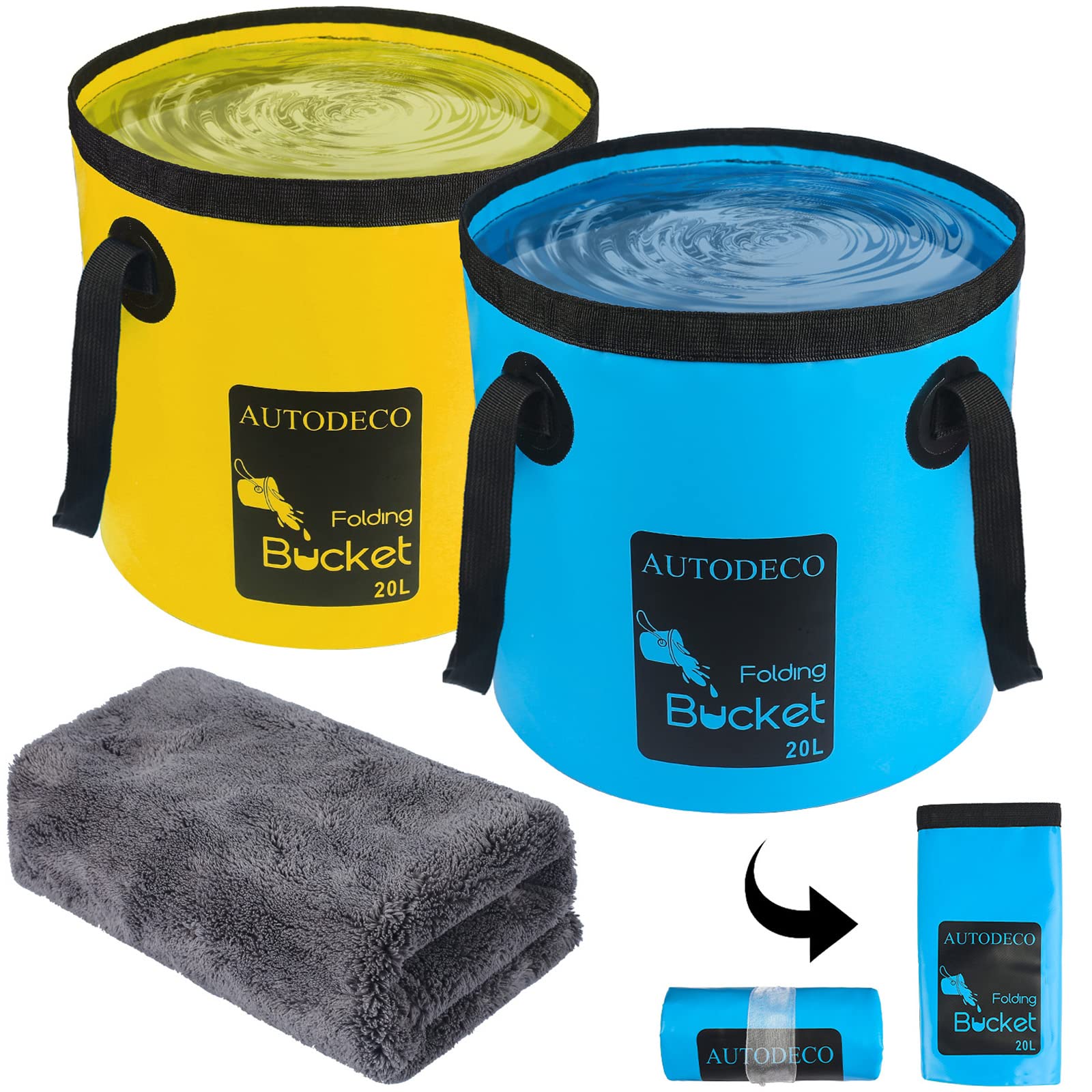 AUTODECO 2 Pack Collapsible Bucket 5 Gallon Container Folding Water Bucket Portable Wash Basin for Outdoor Travelling Camping Fishing Gardening Car
