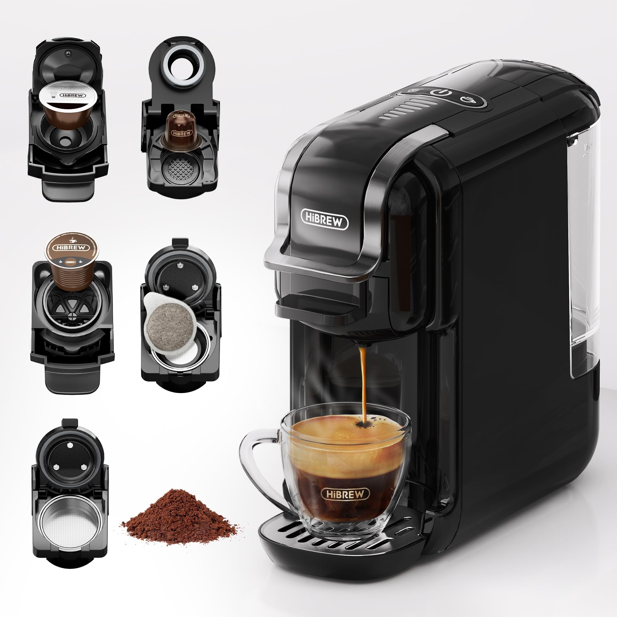 HiBREW H2B 5-in-1 Pod Coffee Maker - Compatible With 4 Coffee Capsule as Well as Espresso Powder, Makes Iced Coffee, Espresso, Cappuccino, Long Black