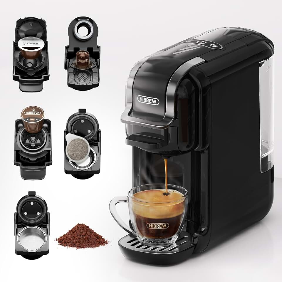 HIBREW Cafetera para Espresso, para bebidas calientes y frías, infusión fría, Oro cálido, 5 en 1, Cápsulas múltiples, Polvo, Molido (Negro)
