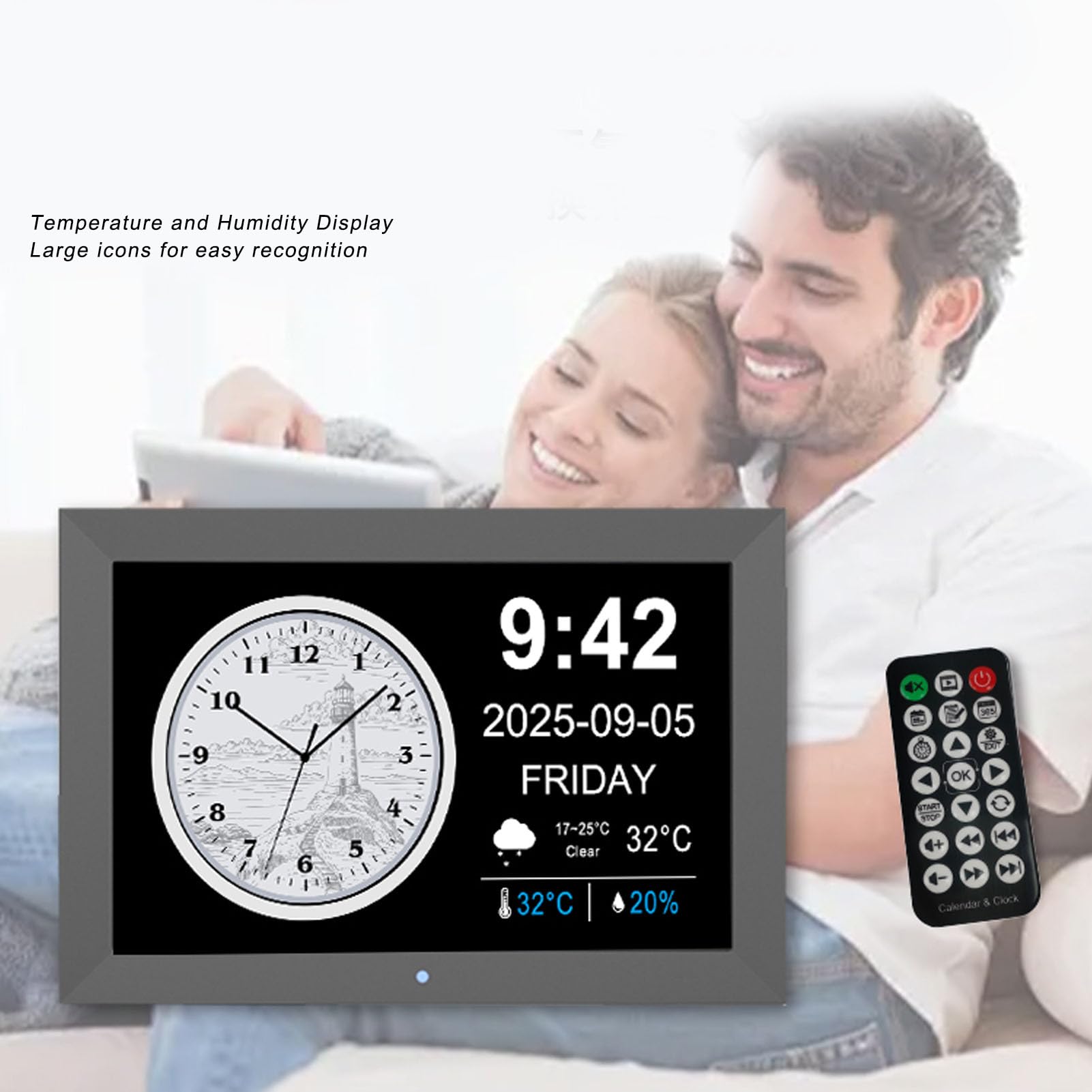 Reloj Digital Inteligente WiFi de 10 Pulgadas, Pantalla Grande con Clima en Tiempo Real, Temperatura Interior y Exterior, Humedad, Recordatorio de Medicamentos, Lectura (Enchufe Europeo)