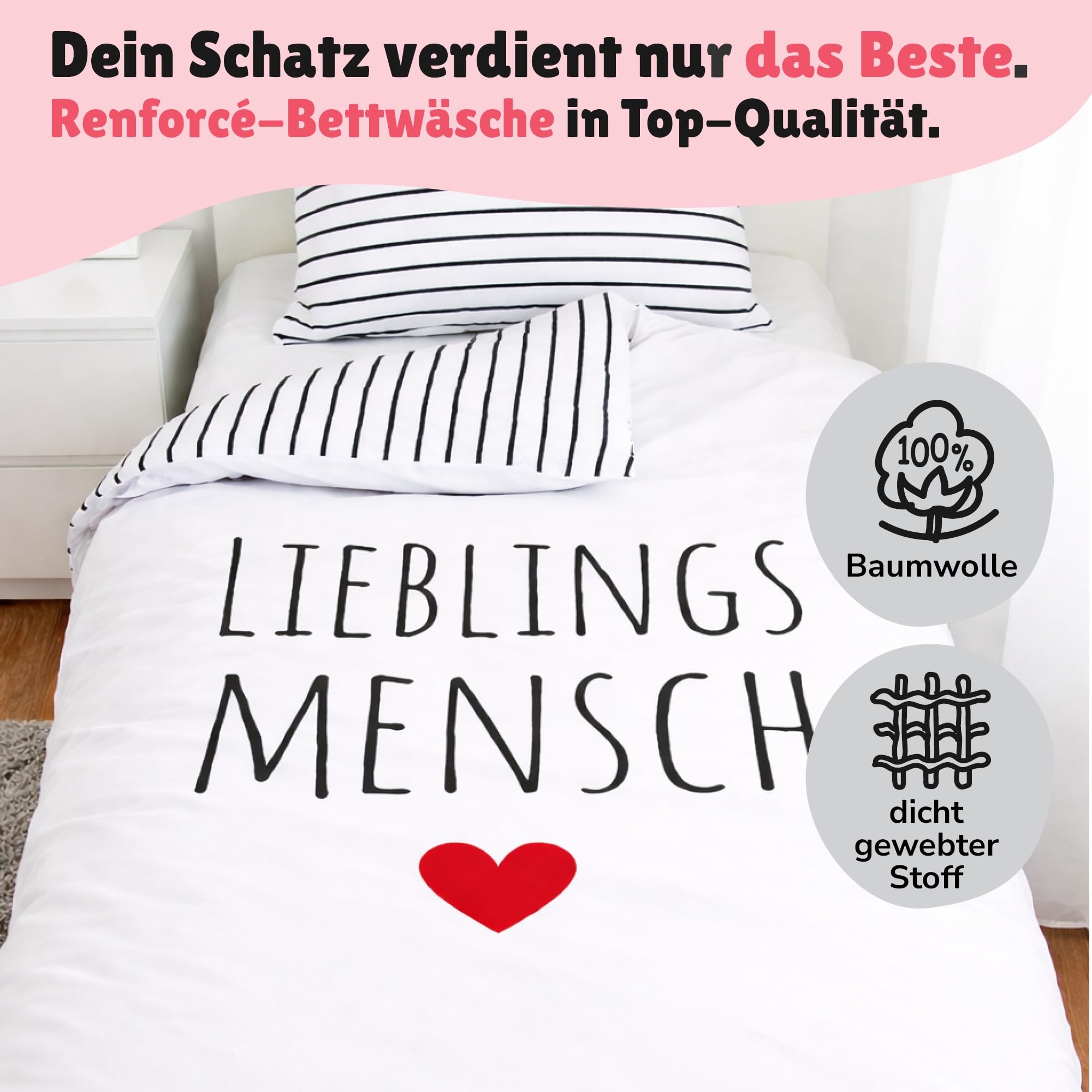 Familando - Lieblingsmensch Partnerbettwäsche Set (4-teilig) – 2X Decken- & Kissenbezug 135x200 & 80x80 cm mit Reißverschluss – 100% Baumwolle in Renforcé Qualität – Geschenkidee für Paare