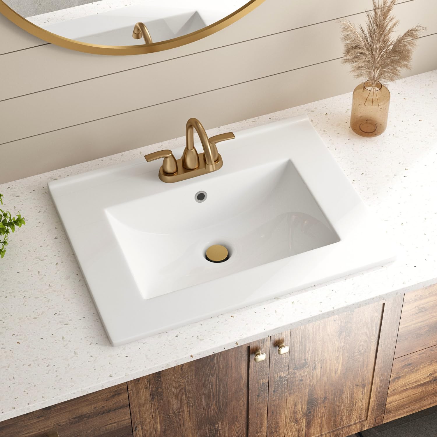 24"W x 18"D Drop In Bathroom Sink with 4-in Centerset 3 Faucet Holes, Los Flexi 24 Inch White Ceramic Vanity Top Sink with Overflow, Rectangular Top Mount Bathroom Sinks