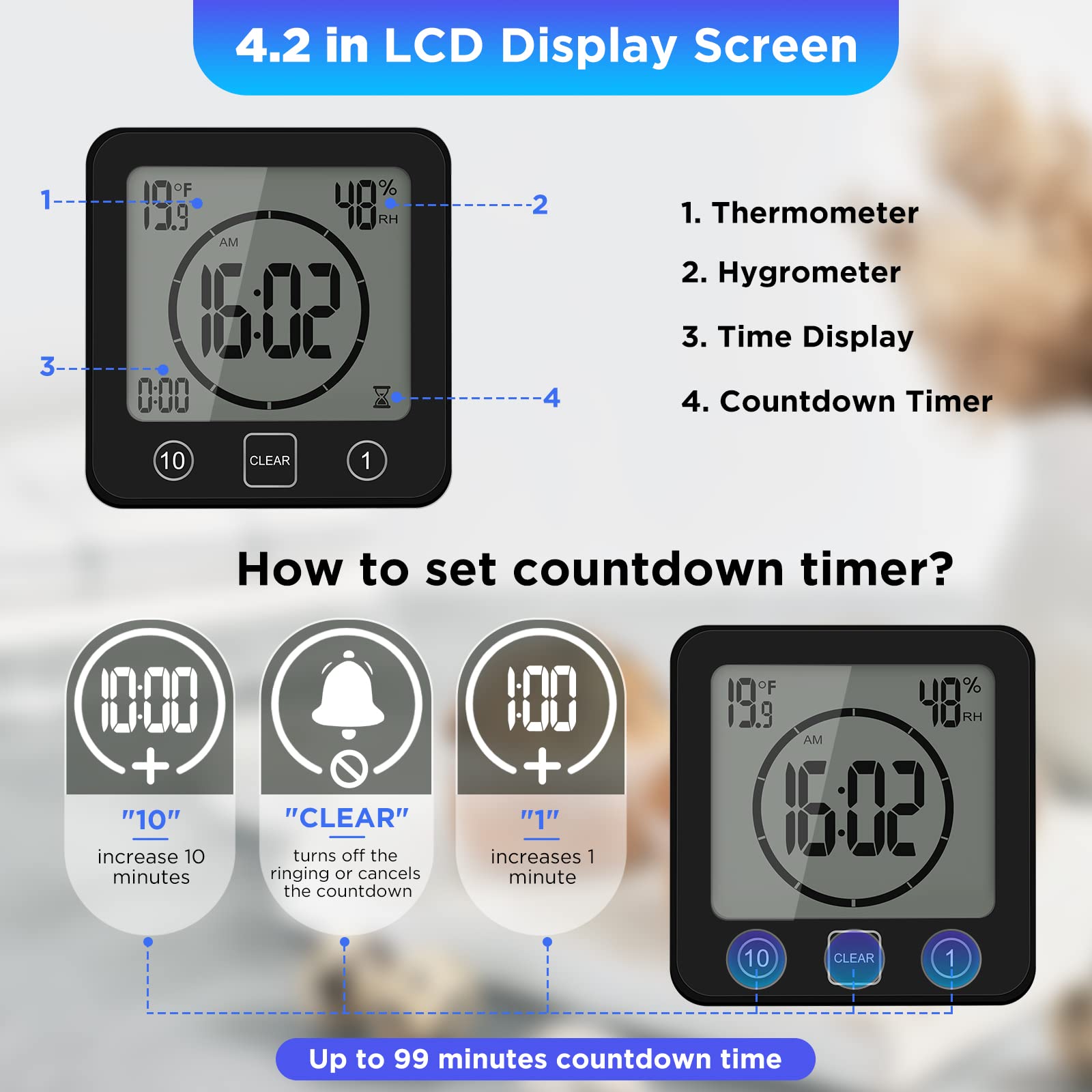 OurLeeme Orologio Da Doccia Con Timer - Sveglia Digitale LCD, Temperatura E Umidità, Impermeabile IP24